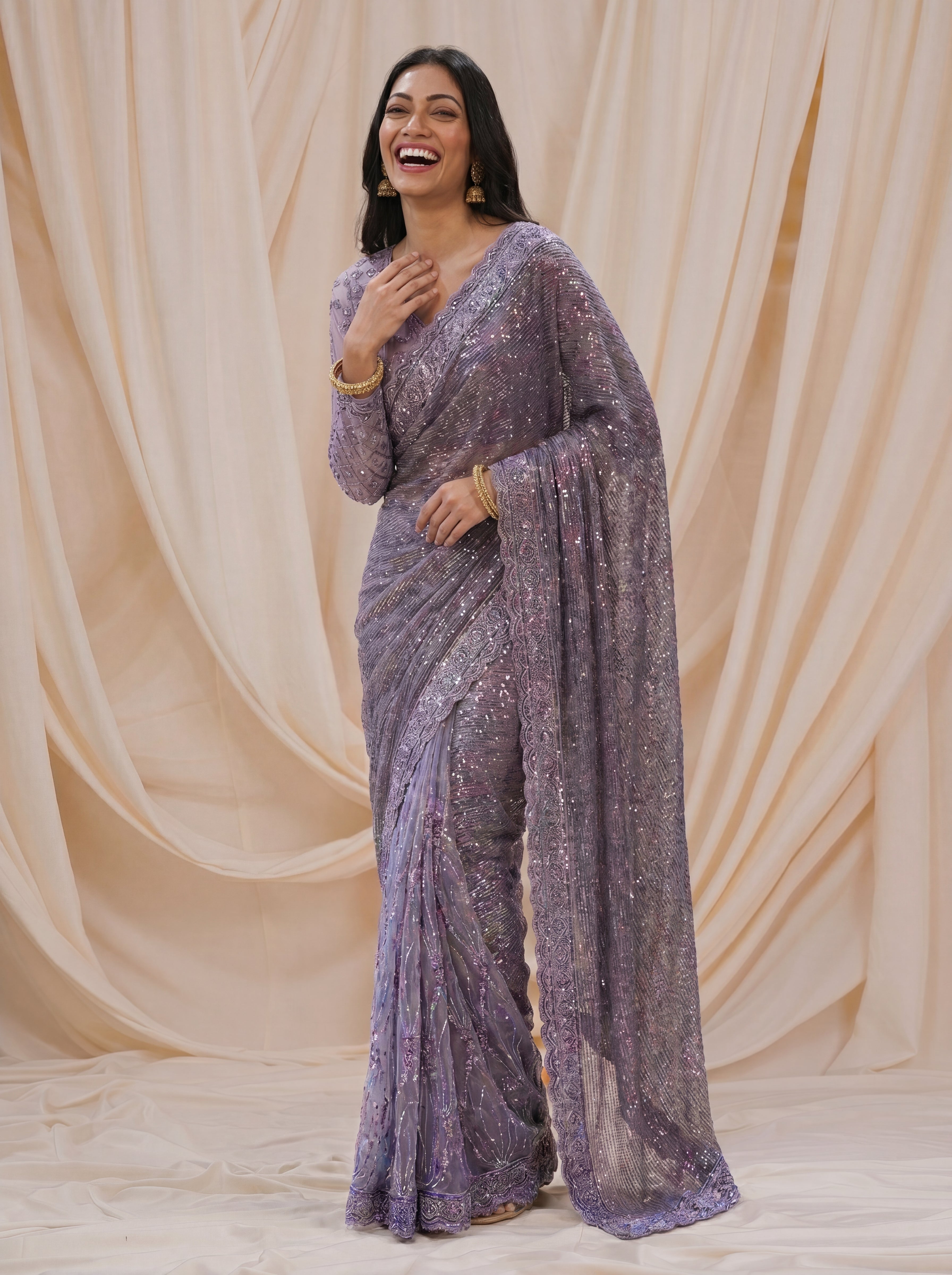 Elegant Ebony Lavender Saree with Handcrafted Beads and Sequins Work