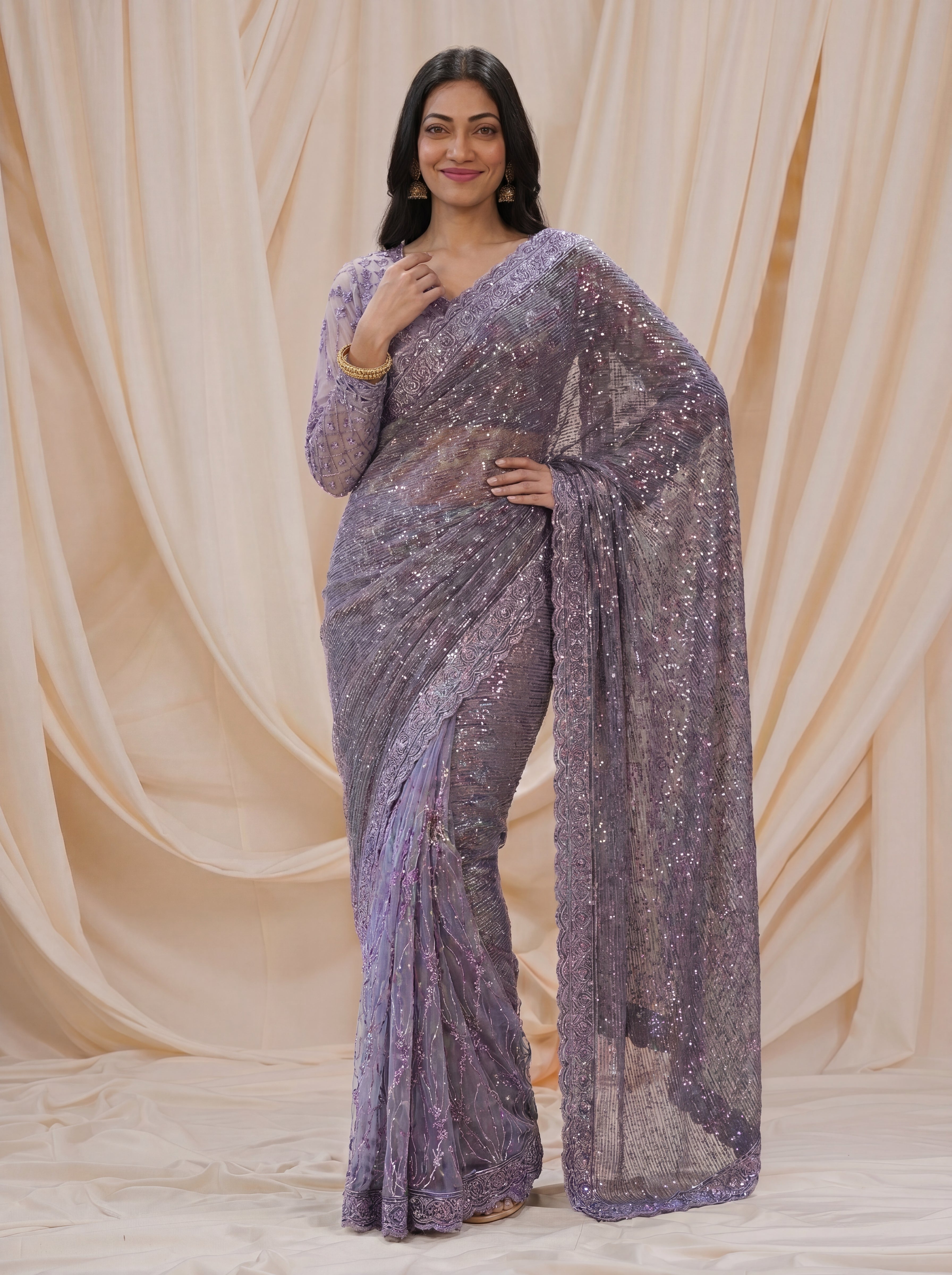 Elegant Ebony Lavender Saree with Handcrafted Beads and Sequins Work