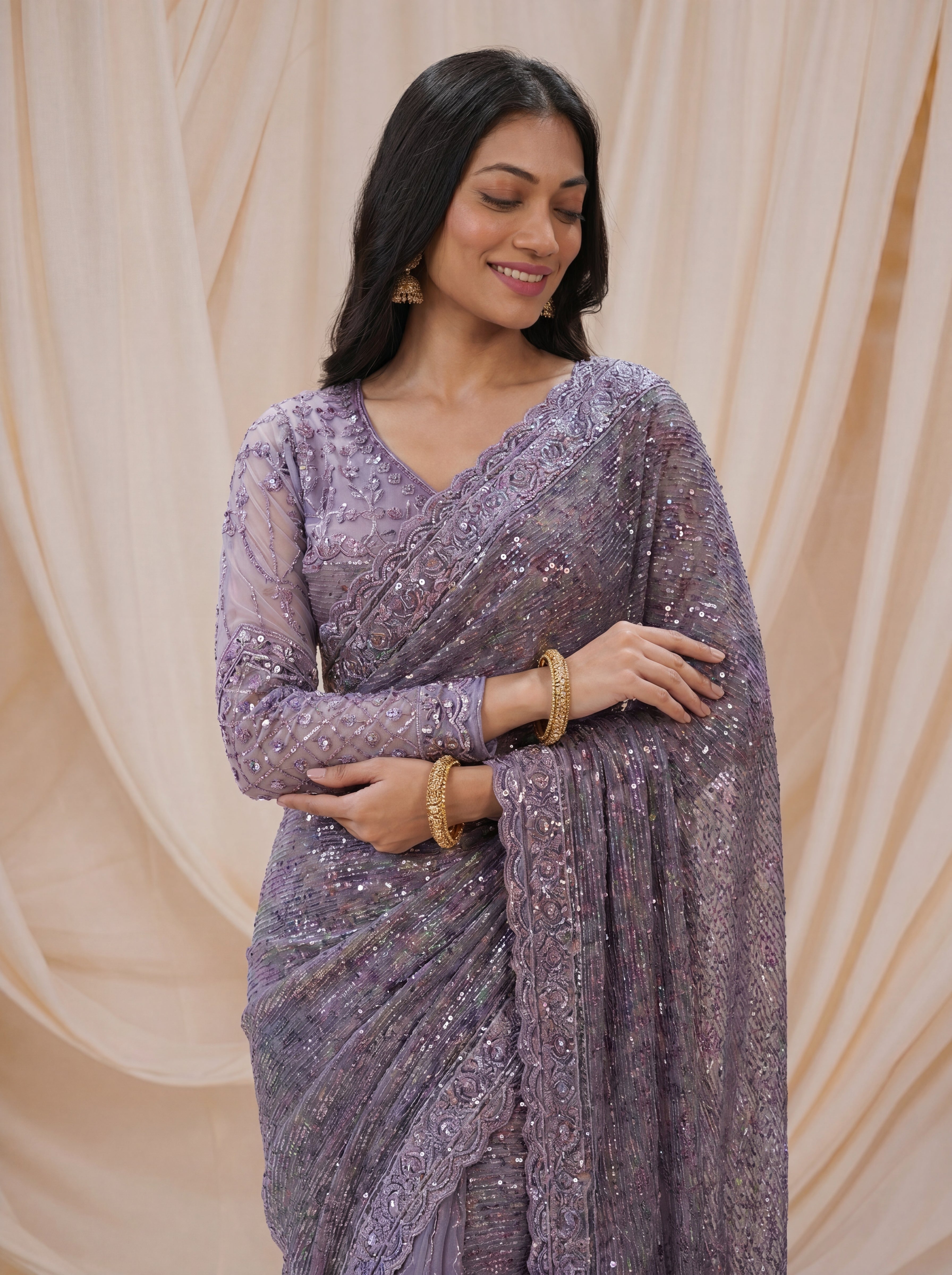 Elegant Ebony Lavender Saree with Handcrafted Beads and Sequins Work