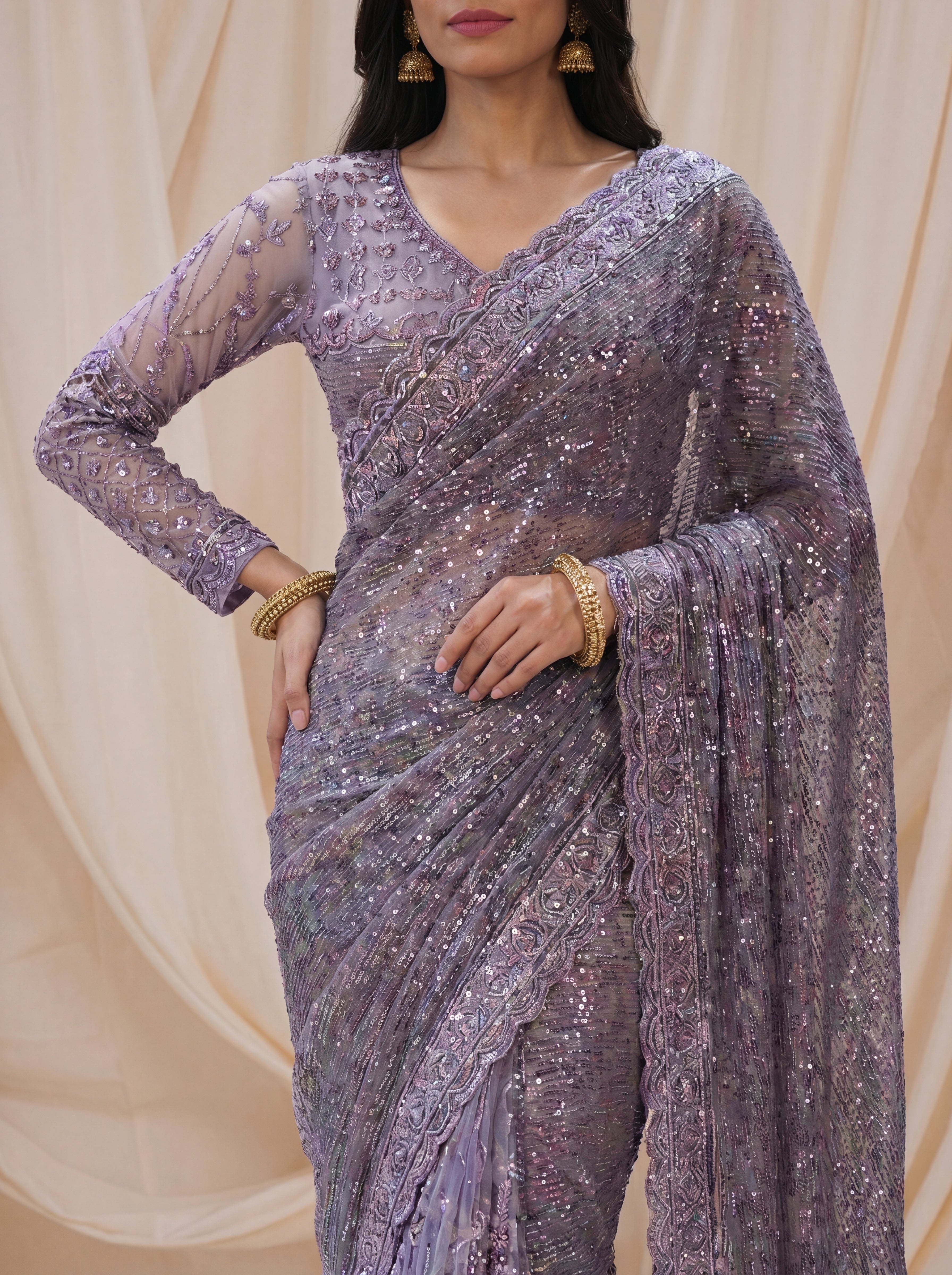 Elegant Ebony Lavender Saree with Handcrafted Beads and Sequins Work