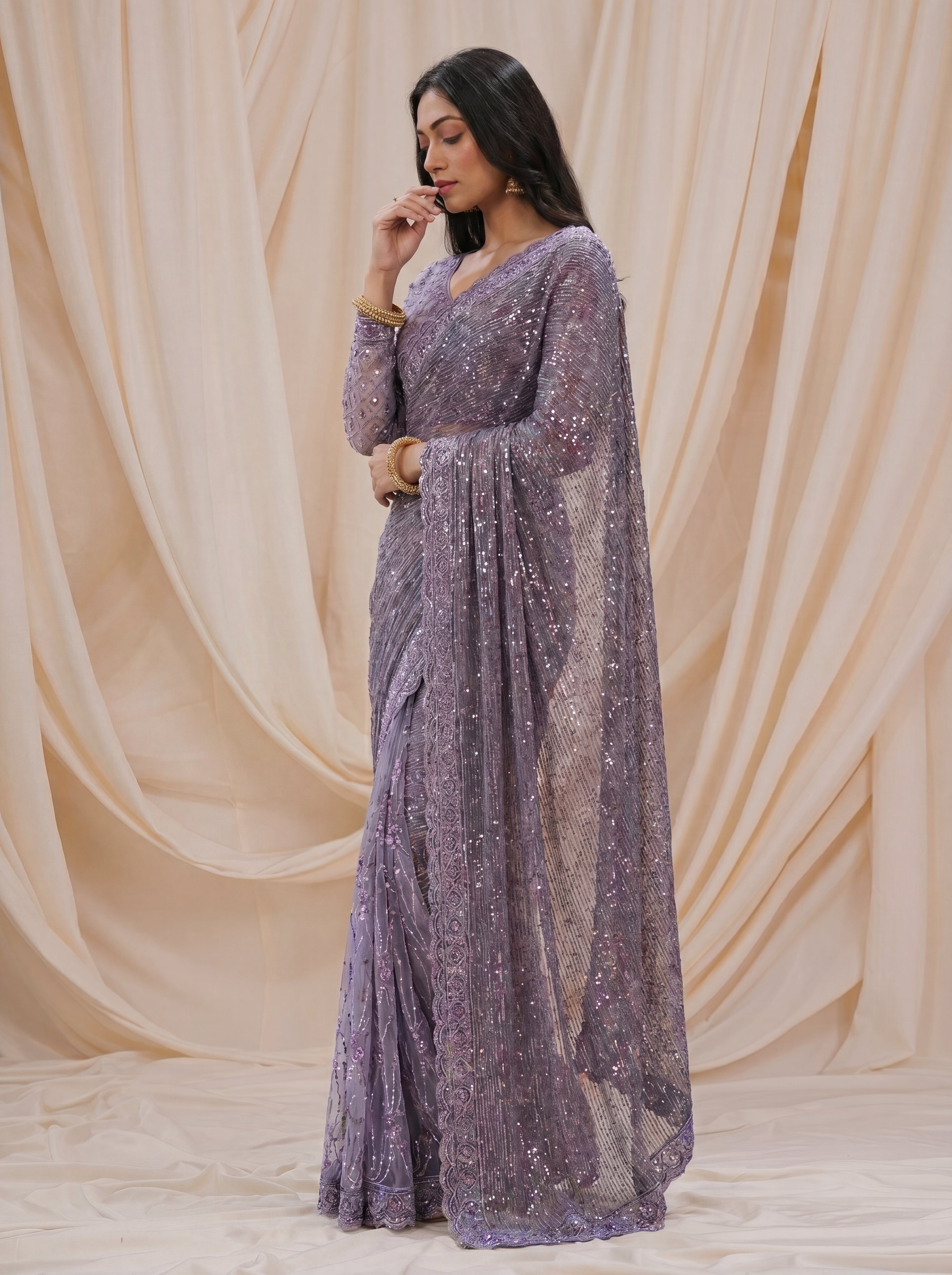 Elegant Ebony Lavender Saree with Handcrafted Beads and Sequins Work