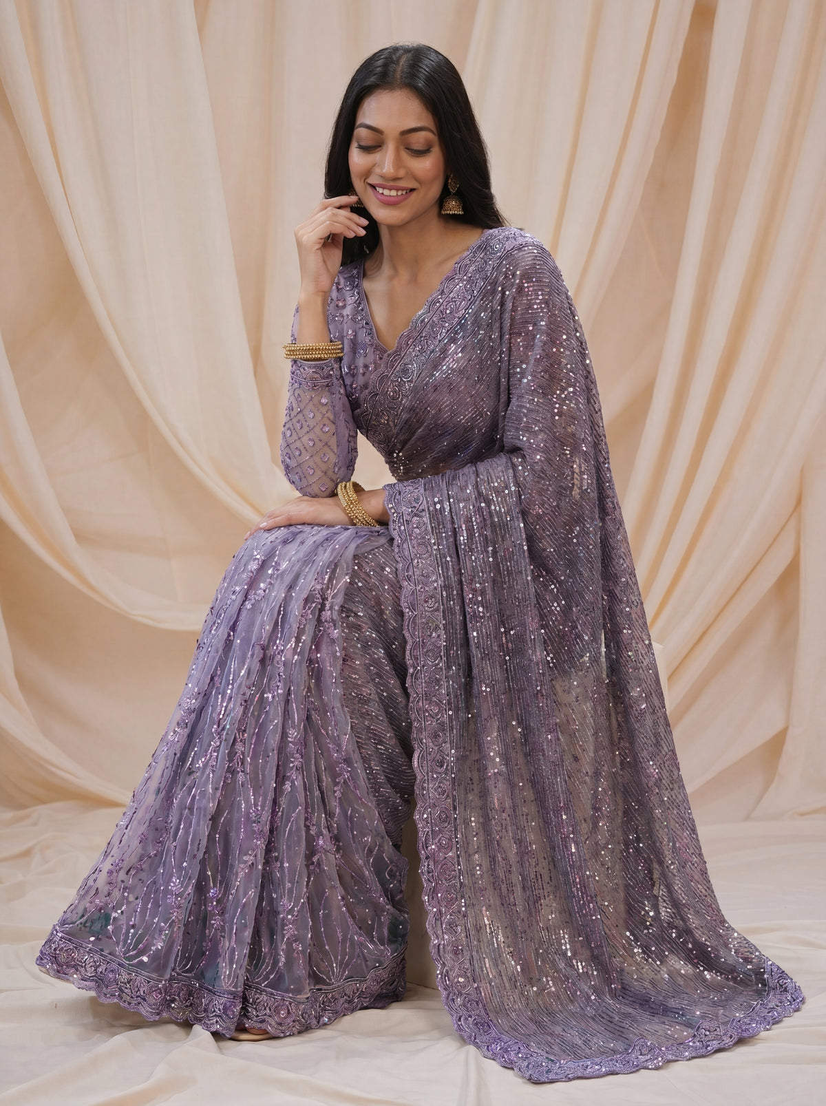 Elegant Ebony Lavender Saree with Handcrafted Beads and Sequins Work