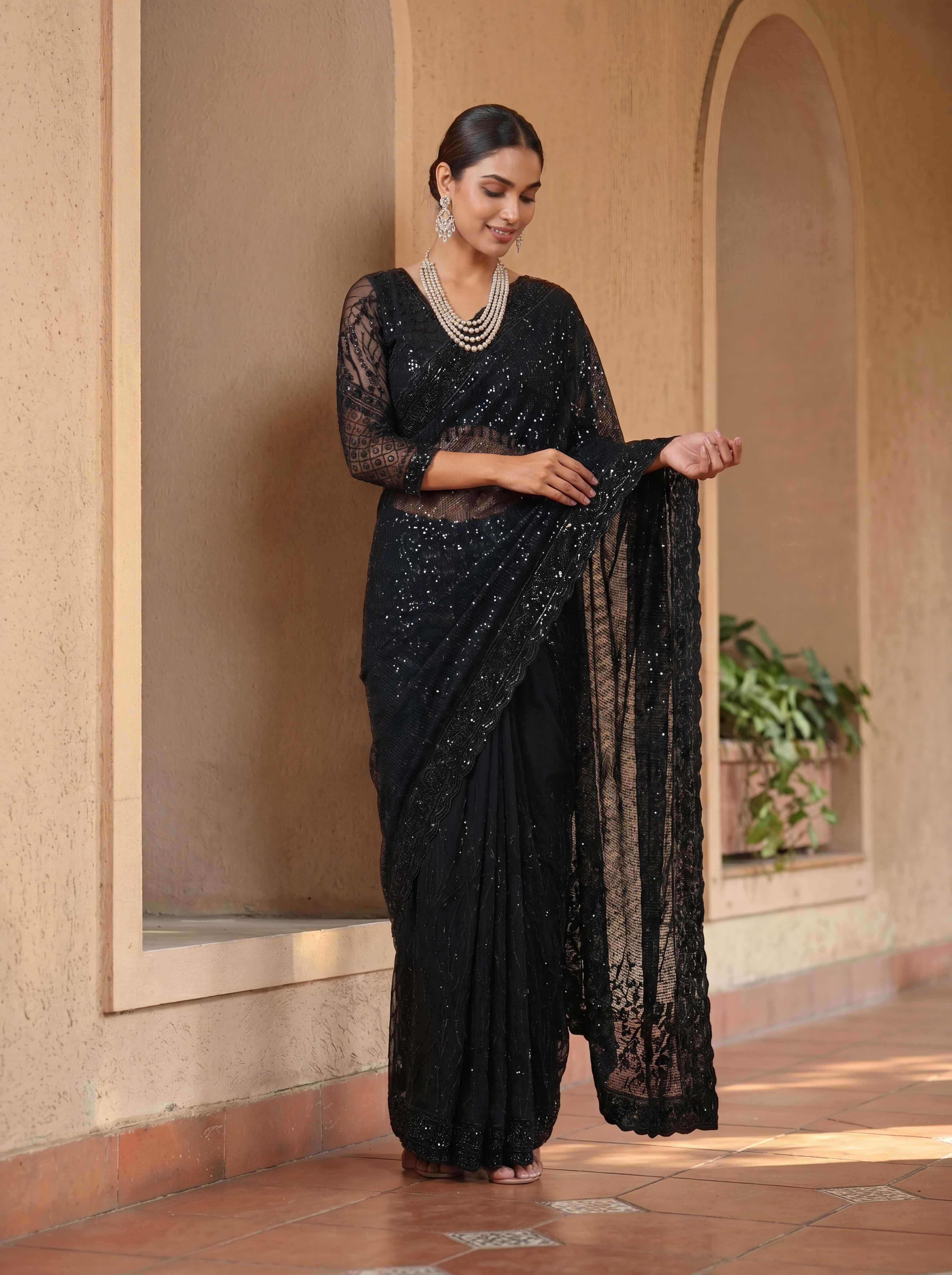 Elegant Ebony Black Saree with Handcrafted Beads and Sequins Work