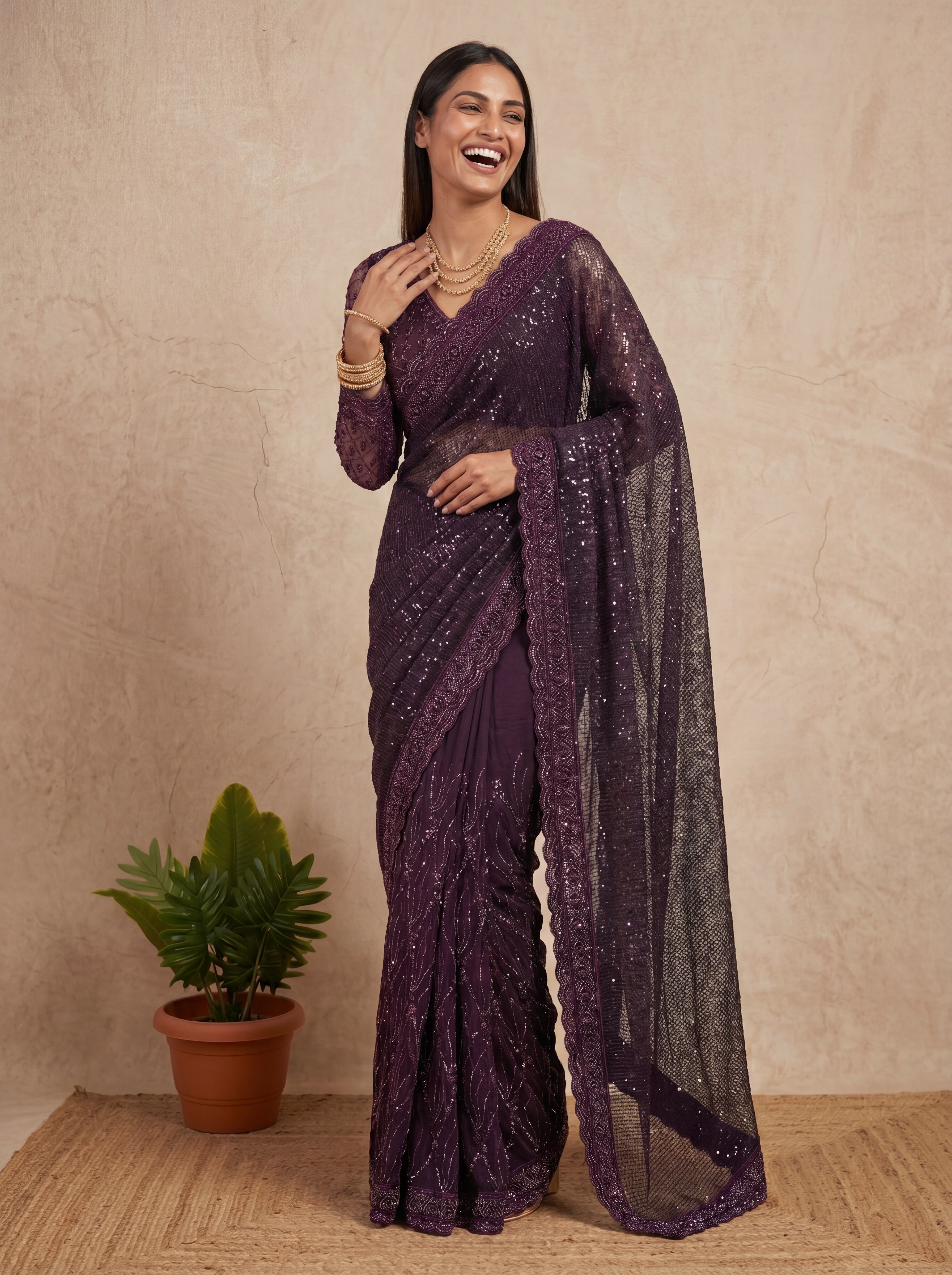 Elegant Ebony Wine Saree with Handcrafted Beads and Sequins Work