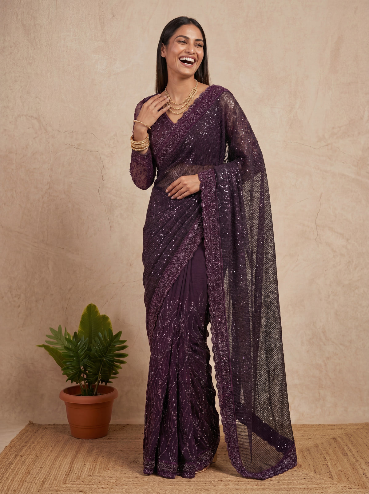 Elegant Ebony Wine Saree with Handcrafted Beads and Sequins Work