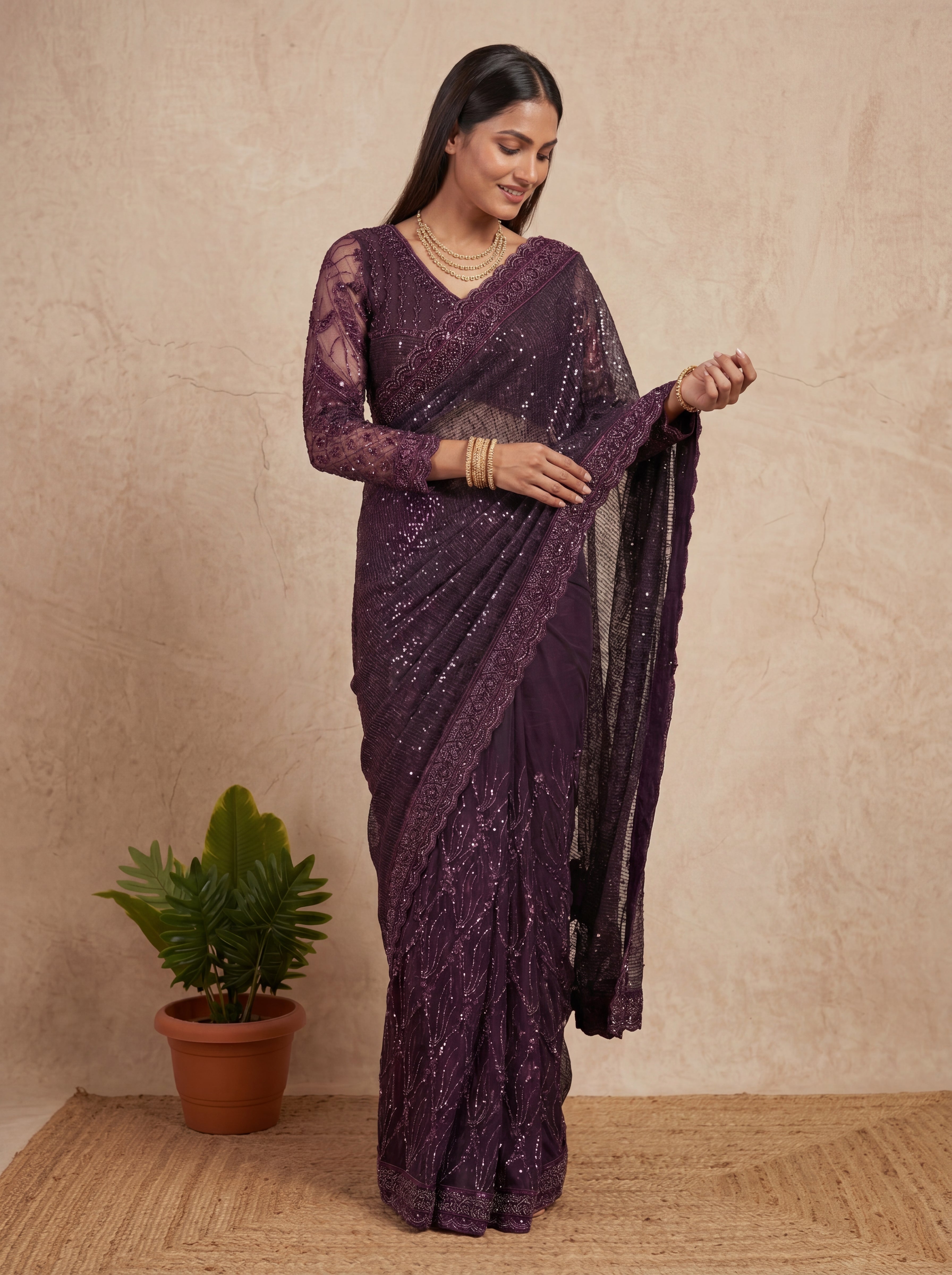 Elegant Ebony Wine Saree with Handcrafted Beads and Sequins Work