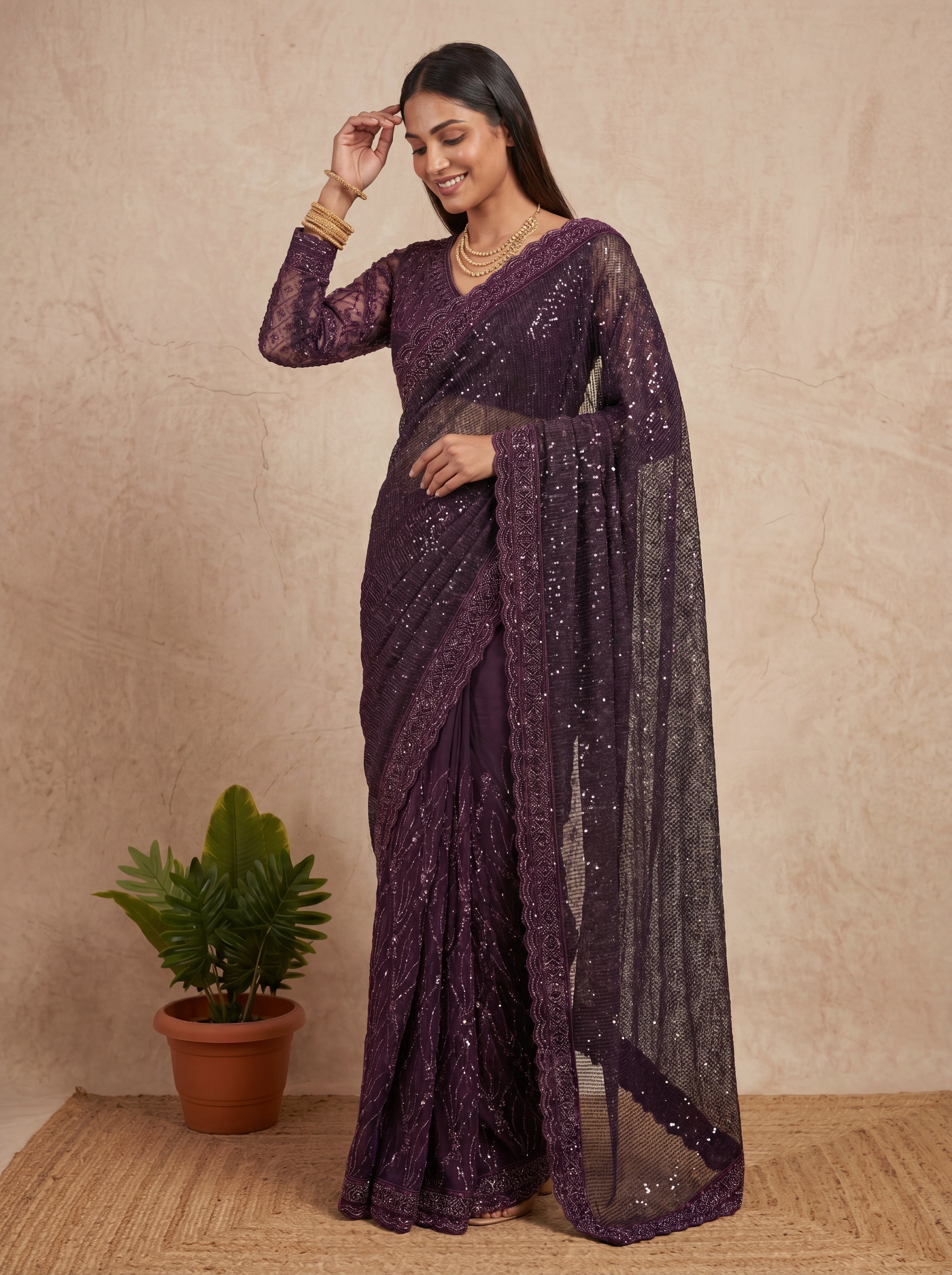 Elegant Ebony Wine Saree with Handcrafted Beads and Sequins Work