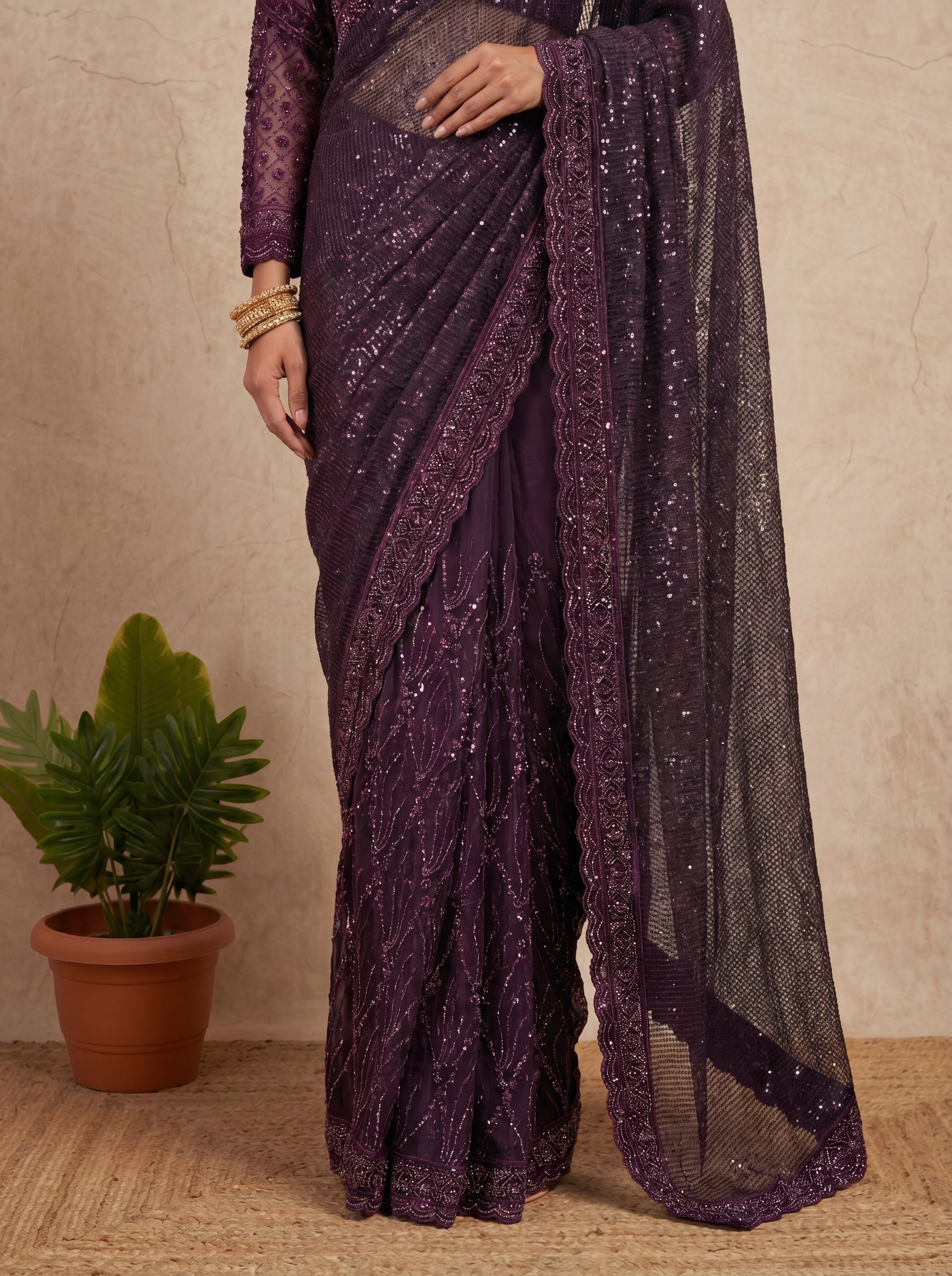 Elegant Ebony Wine Saree with Handcrafted Beads and Sequins Work