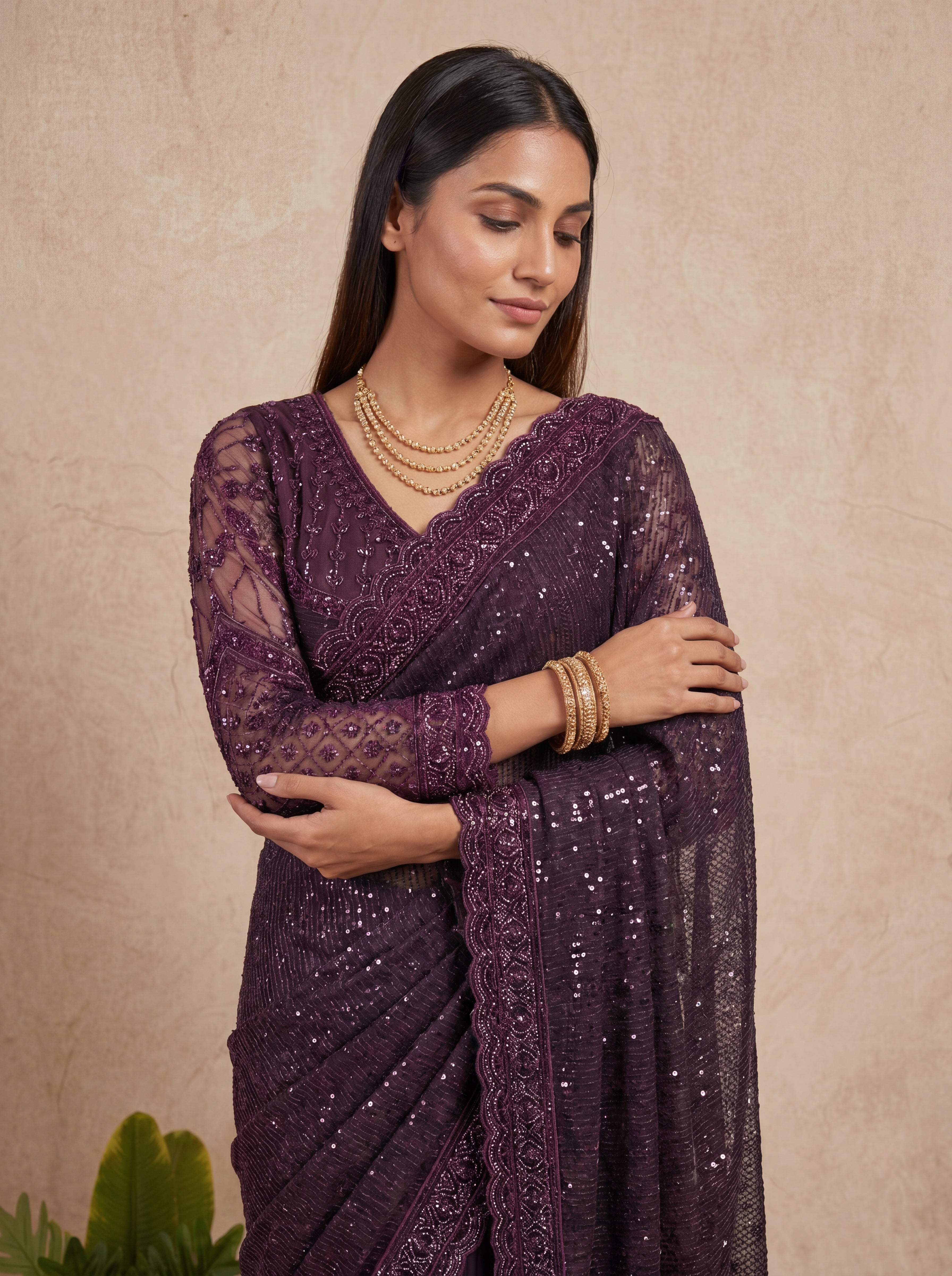 Elegant Ebony Wine Saree with Handcrafted Beads and Sequins Work