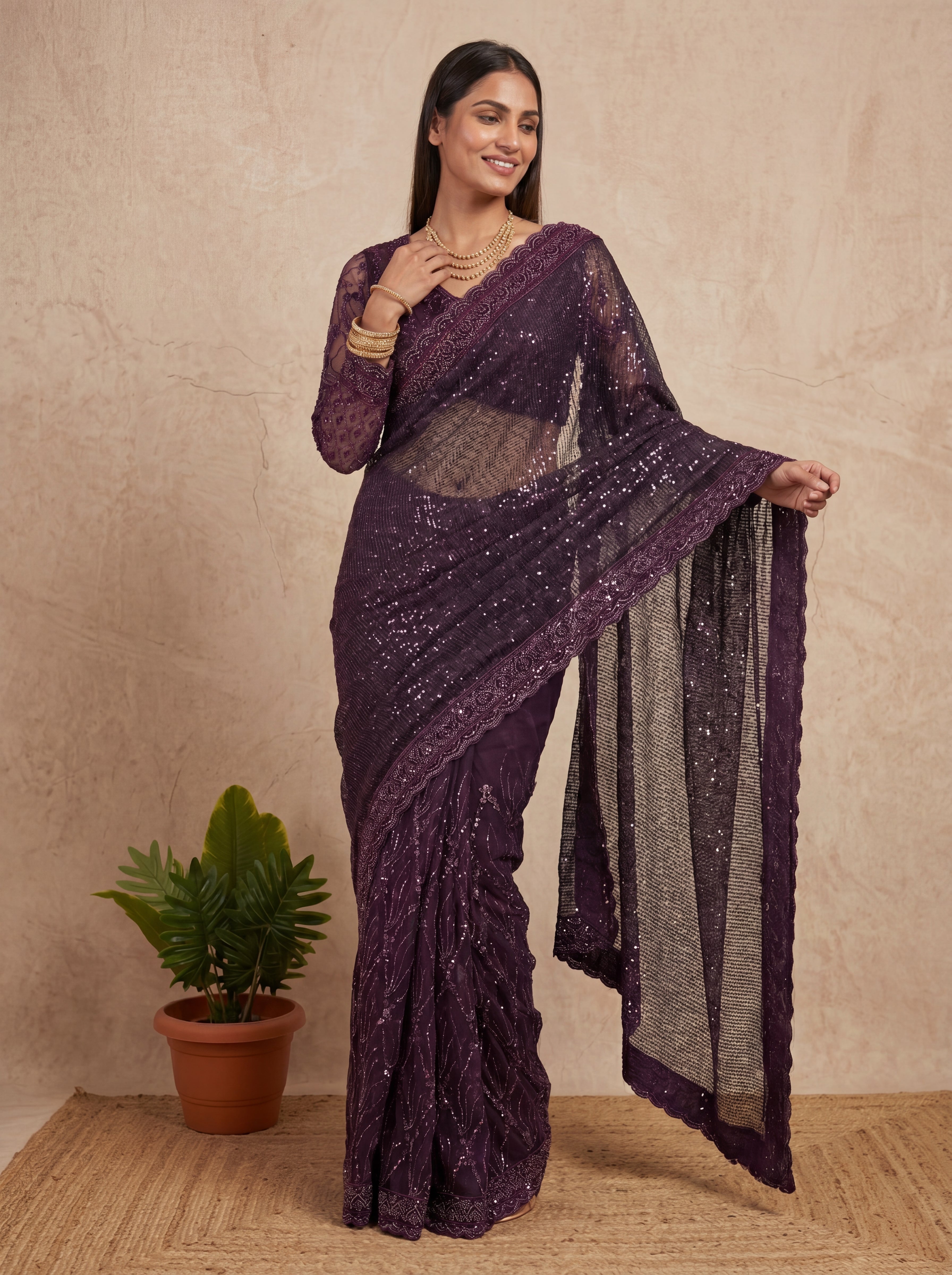 Elegant Ebony Wine Saree with Handcrafted Beads and Sequins Work