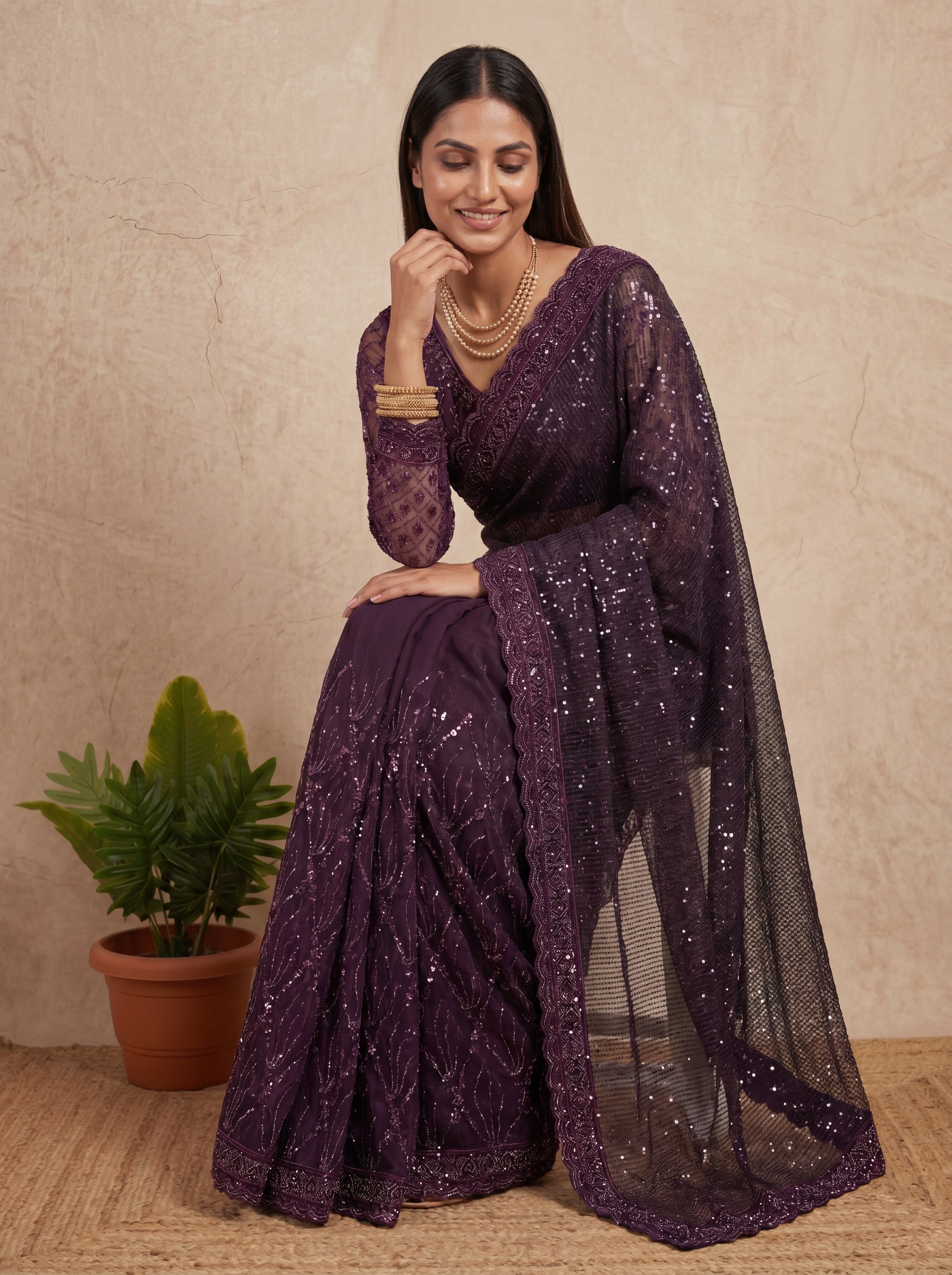 Elegant Ebony Wine Saree with Handcrafted Beads and Sequins Work