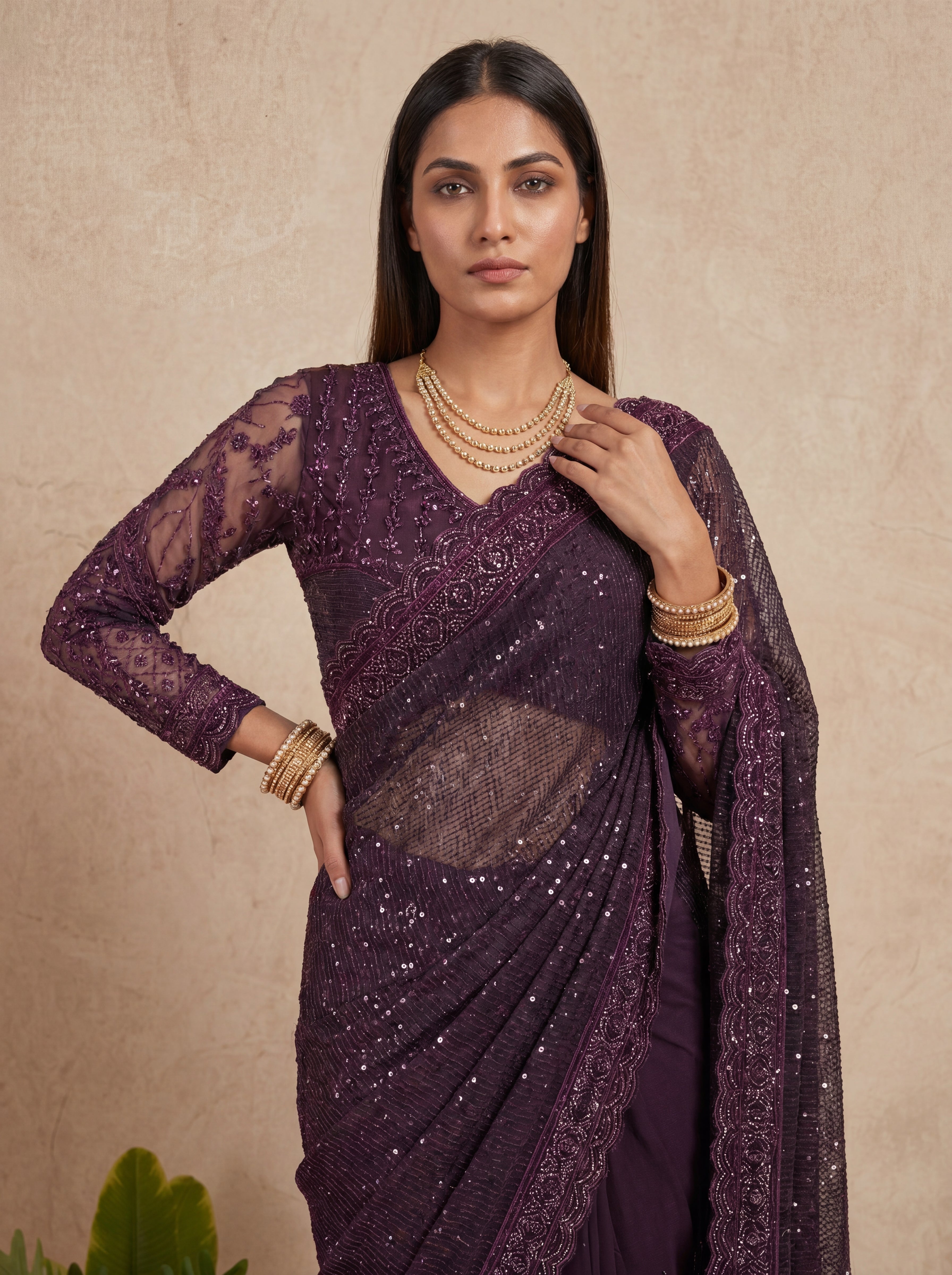 Elegant Ebony Wine Saree with Handcrafted Beads and Sequins Work