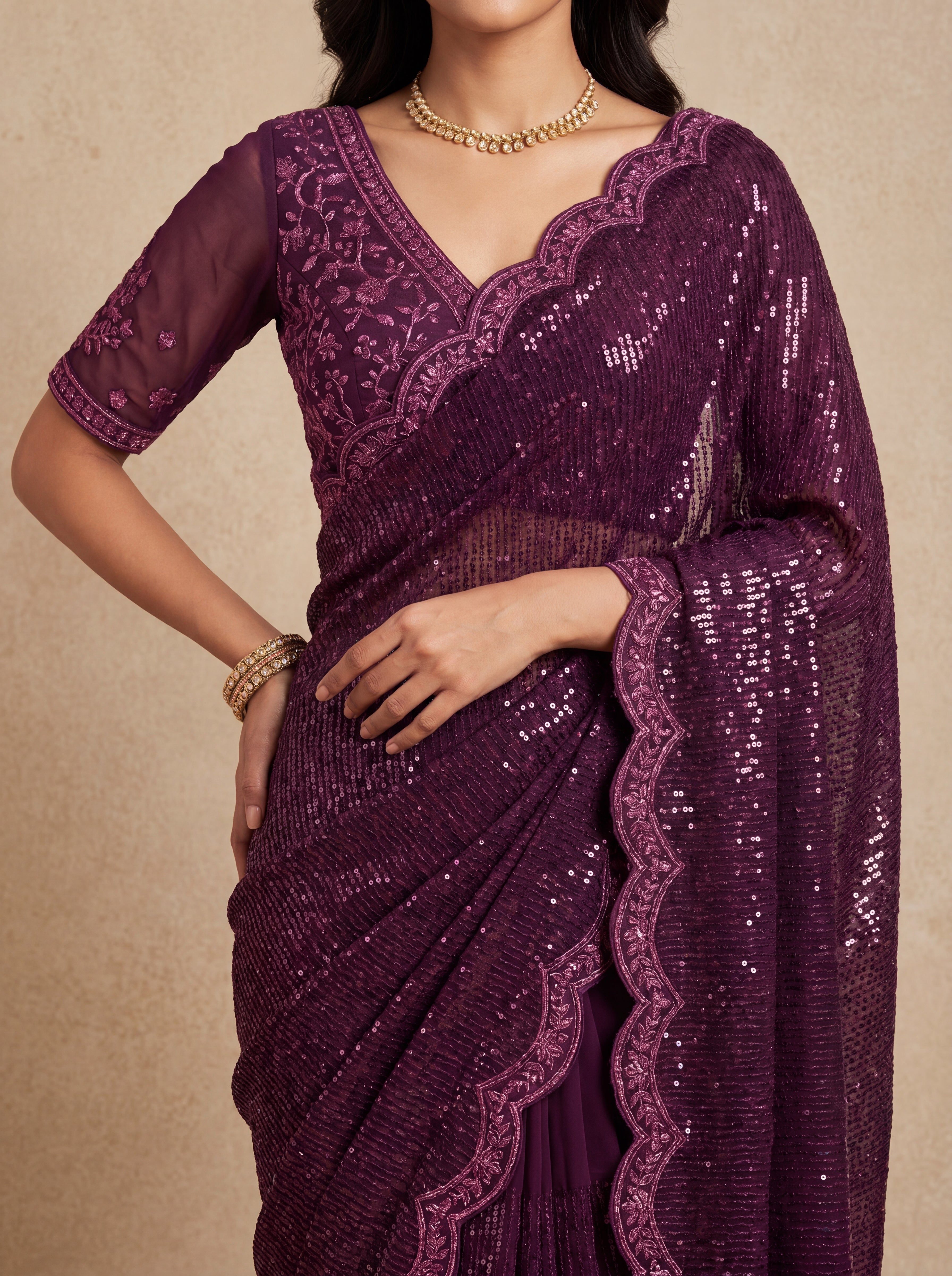 Elegant Ebony Wine Saree with Handcrafted Beads and Sequins Work