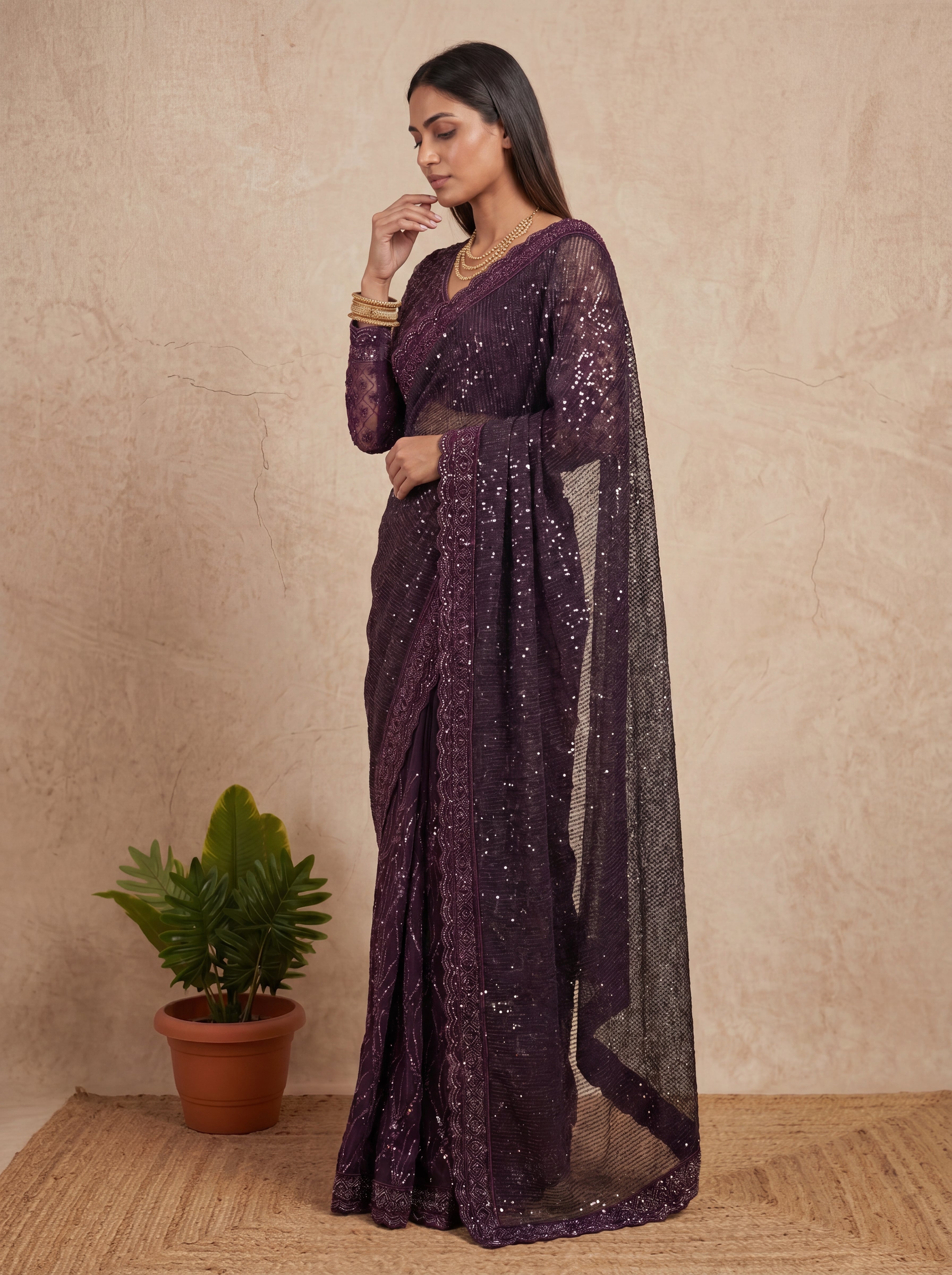 Elegant Ebony Wine Saree with Handcrafted Beads and Sequins Work