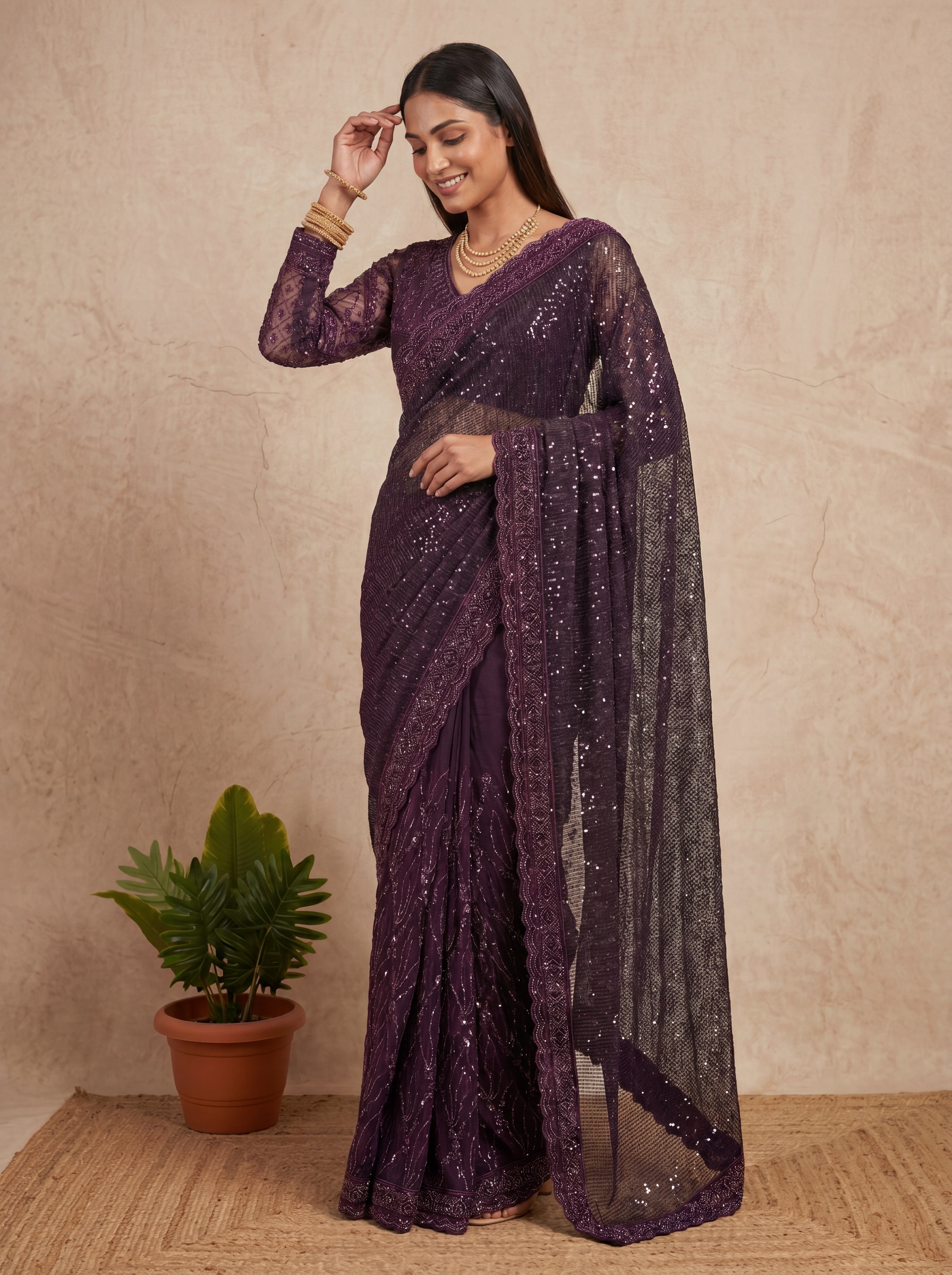 Elegant Ebony Wine Saree with Handcrafted Beads and Sequins Work