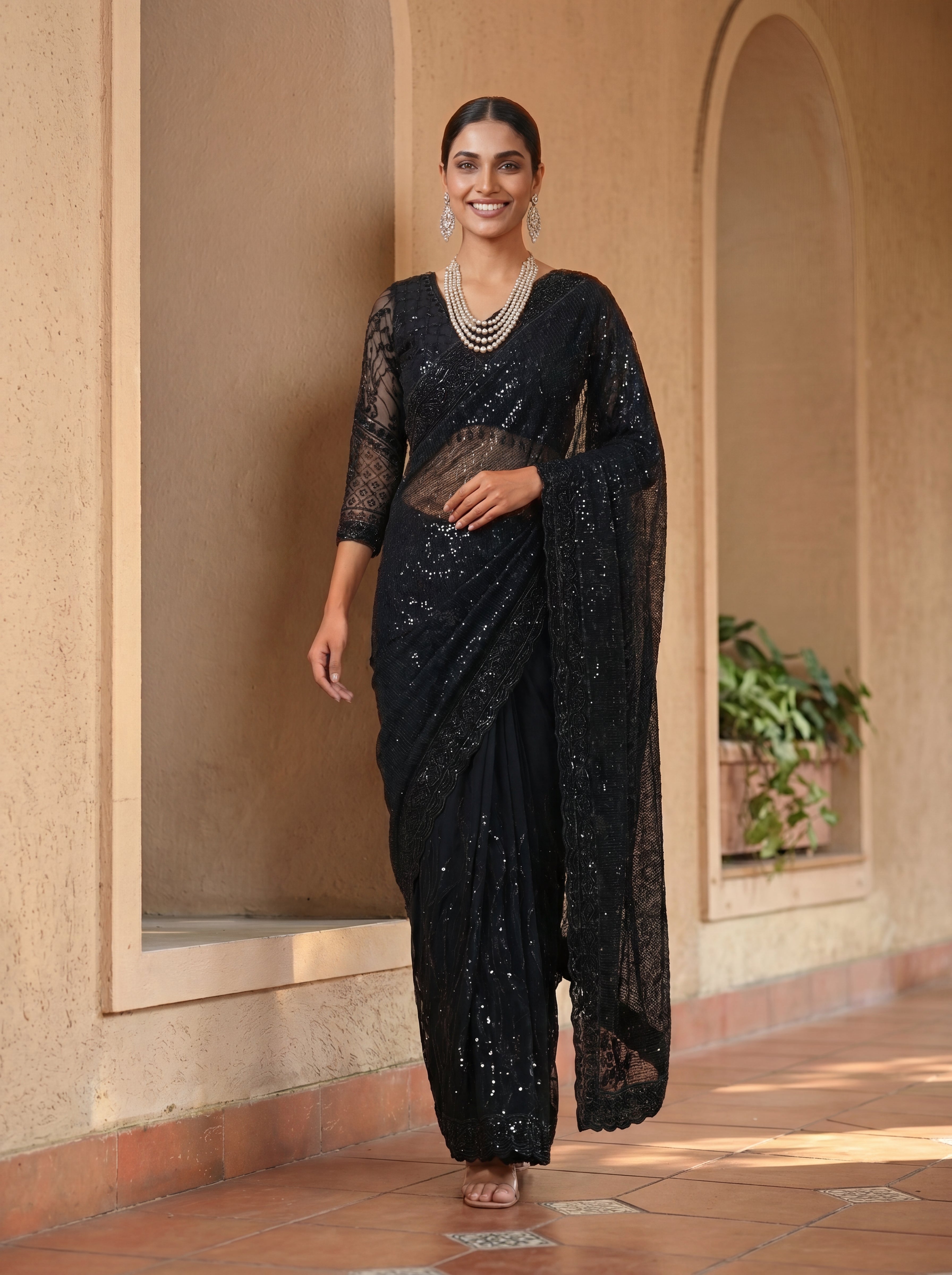 Elegant Ebony Black Saree with Handcrafted Beads and Sequins Work