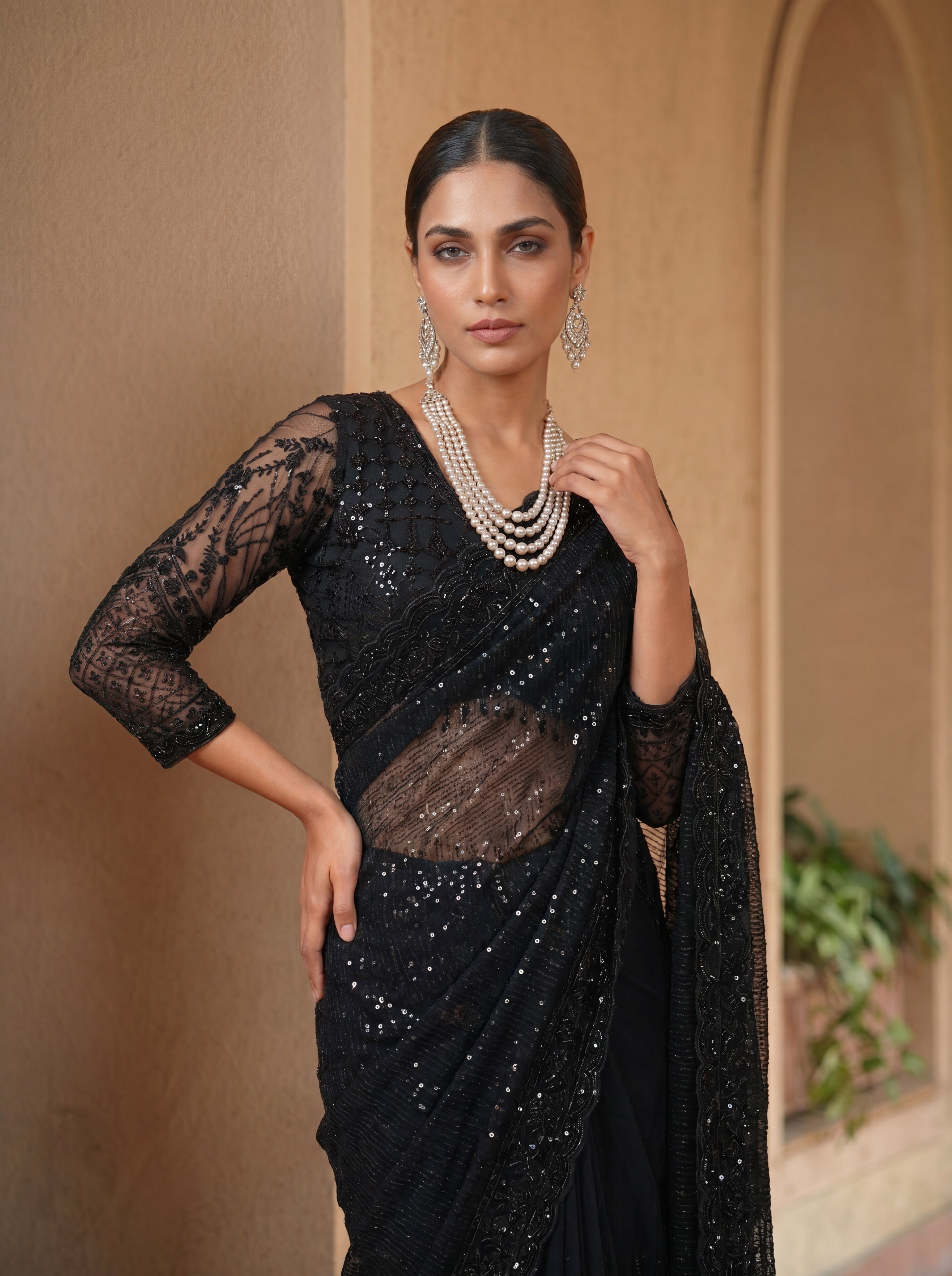 Elegant Ebony Black Saree with Handcrafted Beads and Sequins Work