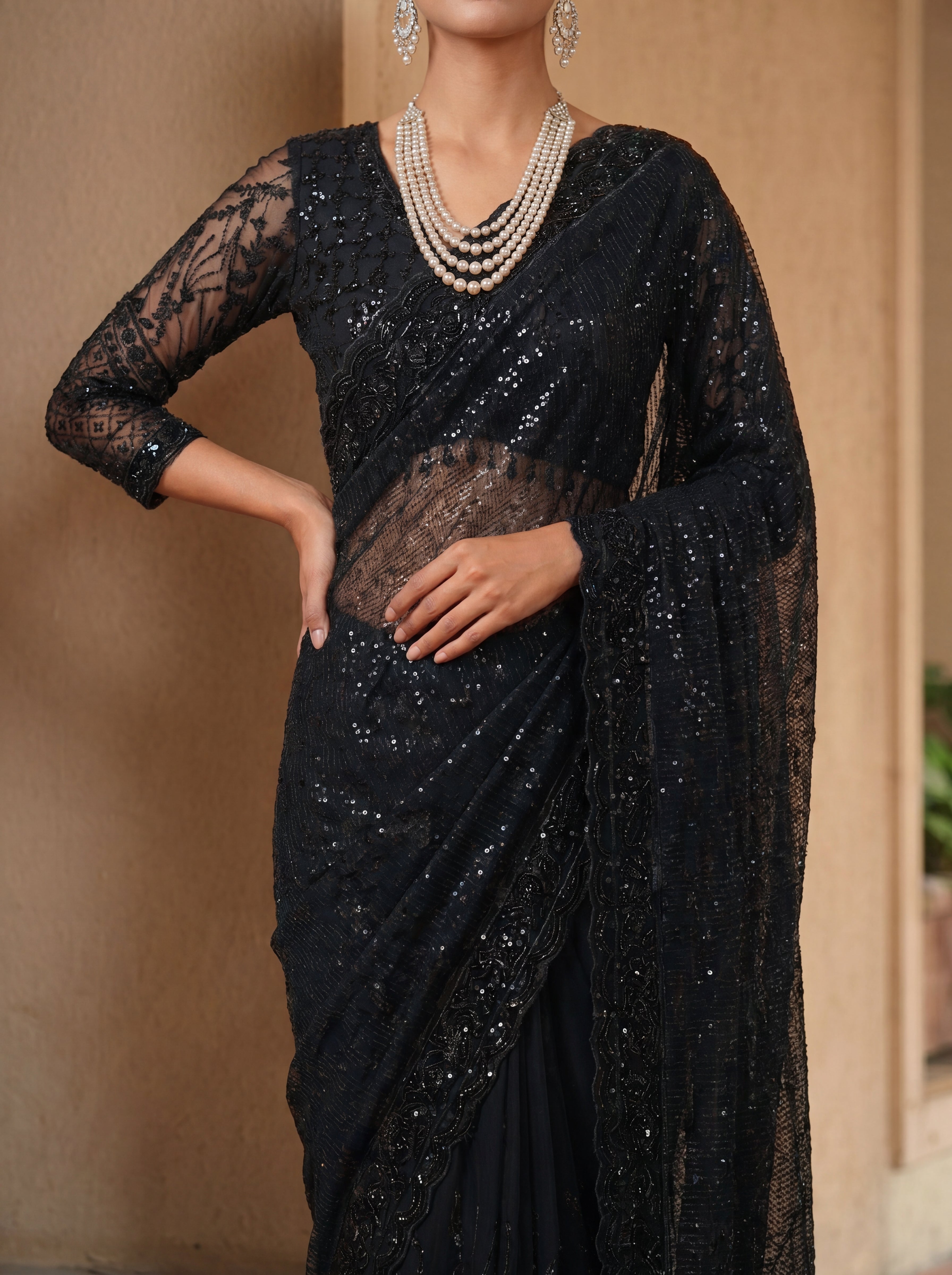 Elegant Ebony Black Saree with Handcrafted Beads and Sequins Work