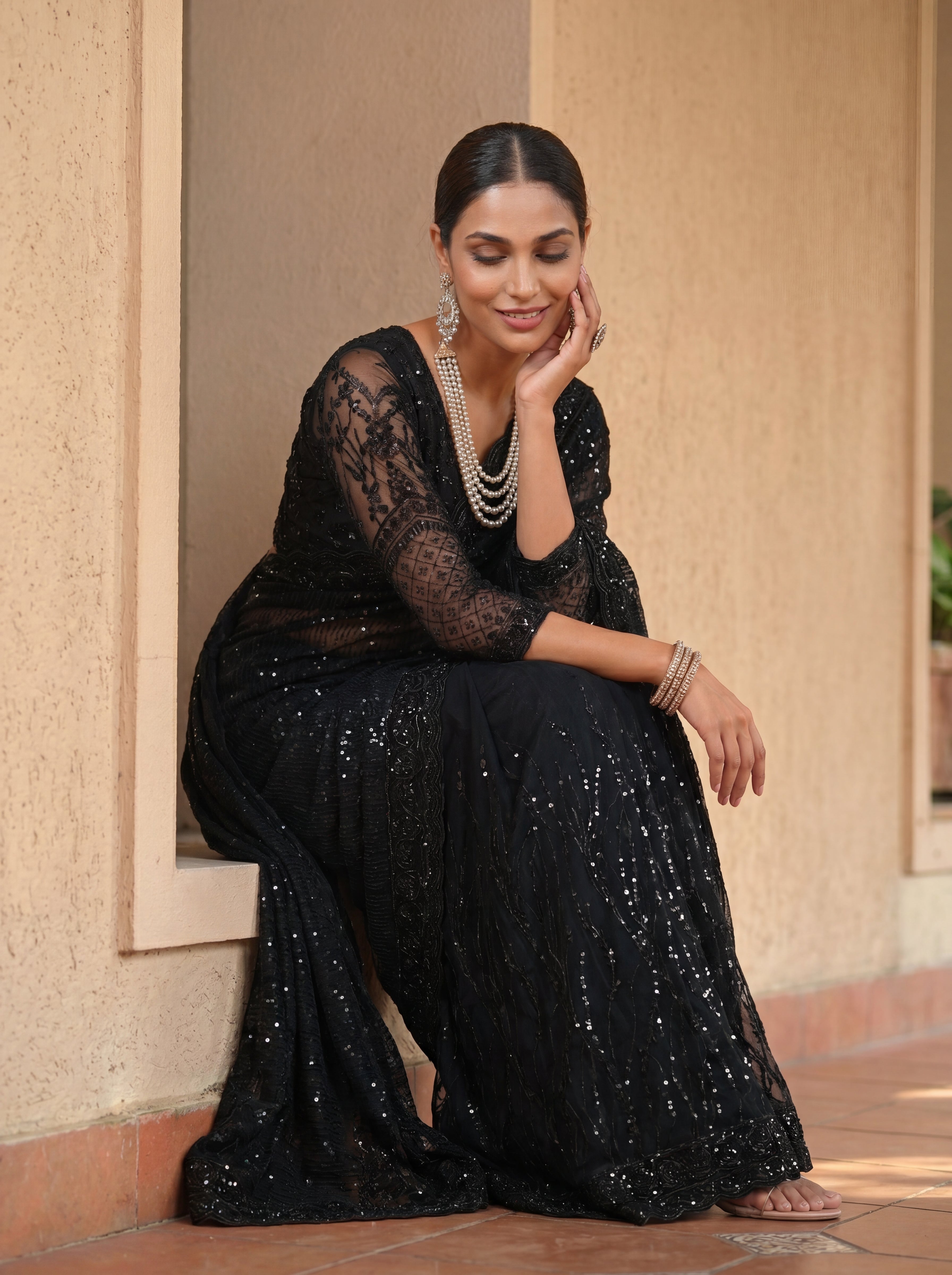 Elegant Ebony Black Saree with Handcrafted Beads and Sequins Work