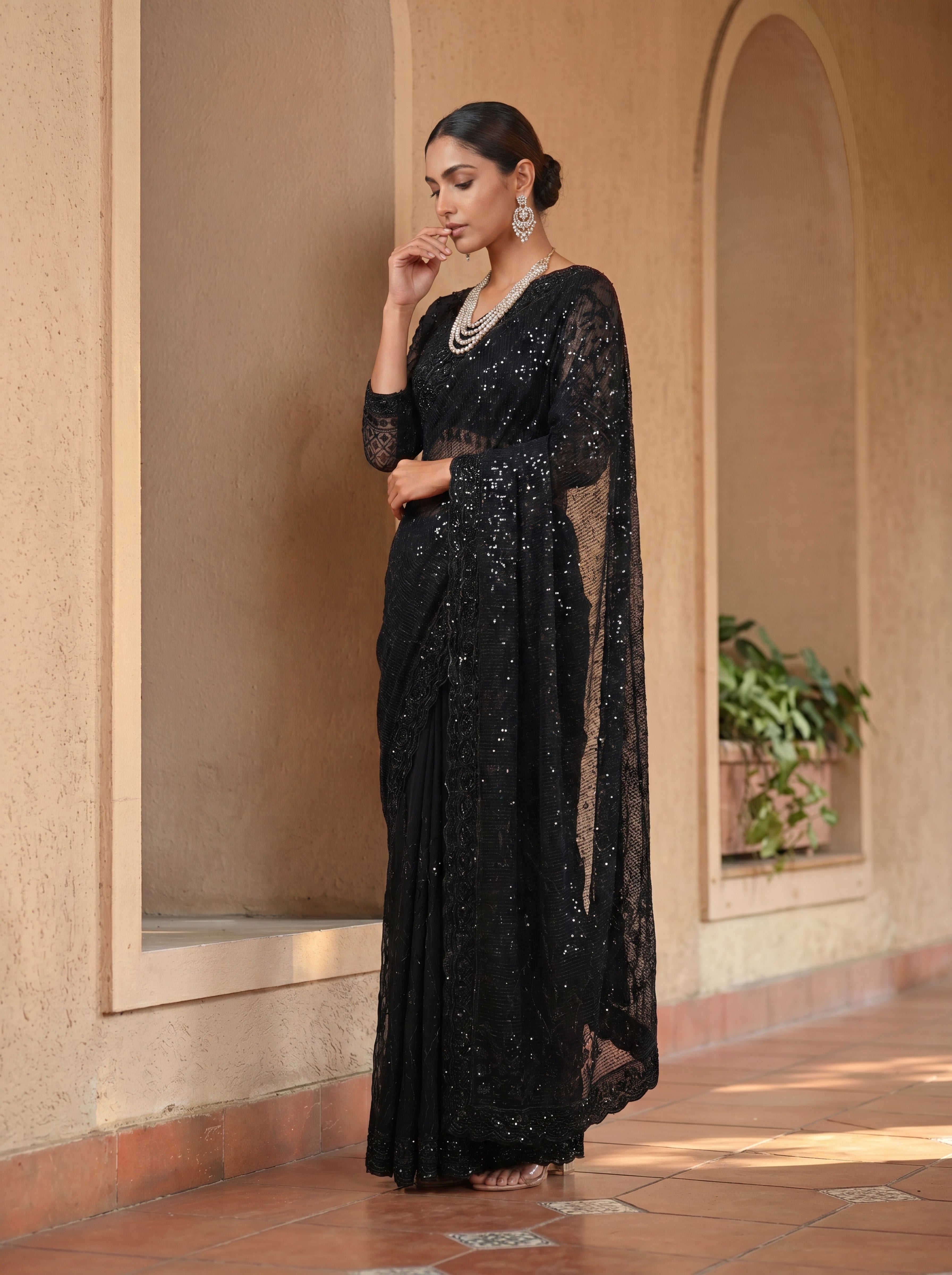 Elegant Ebony Black Saree with Handcrafted Beads and Sequins Work