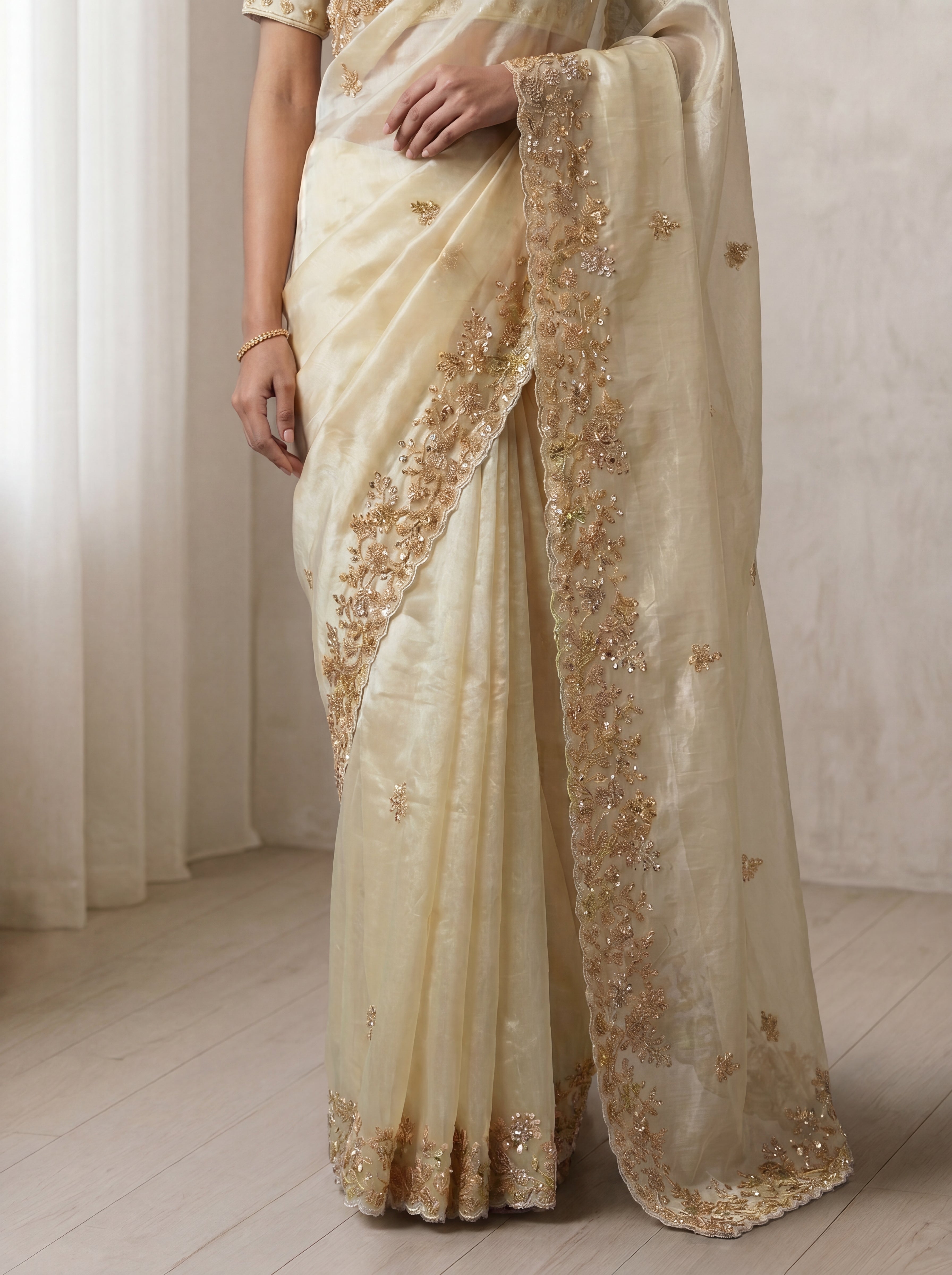 Royal Ivory Cream Fendi Saree with Intricate Sequins, Embroidery, Multi Work & Beaded Border Detailing
