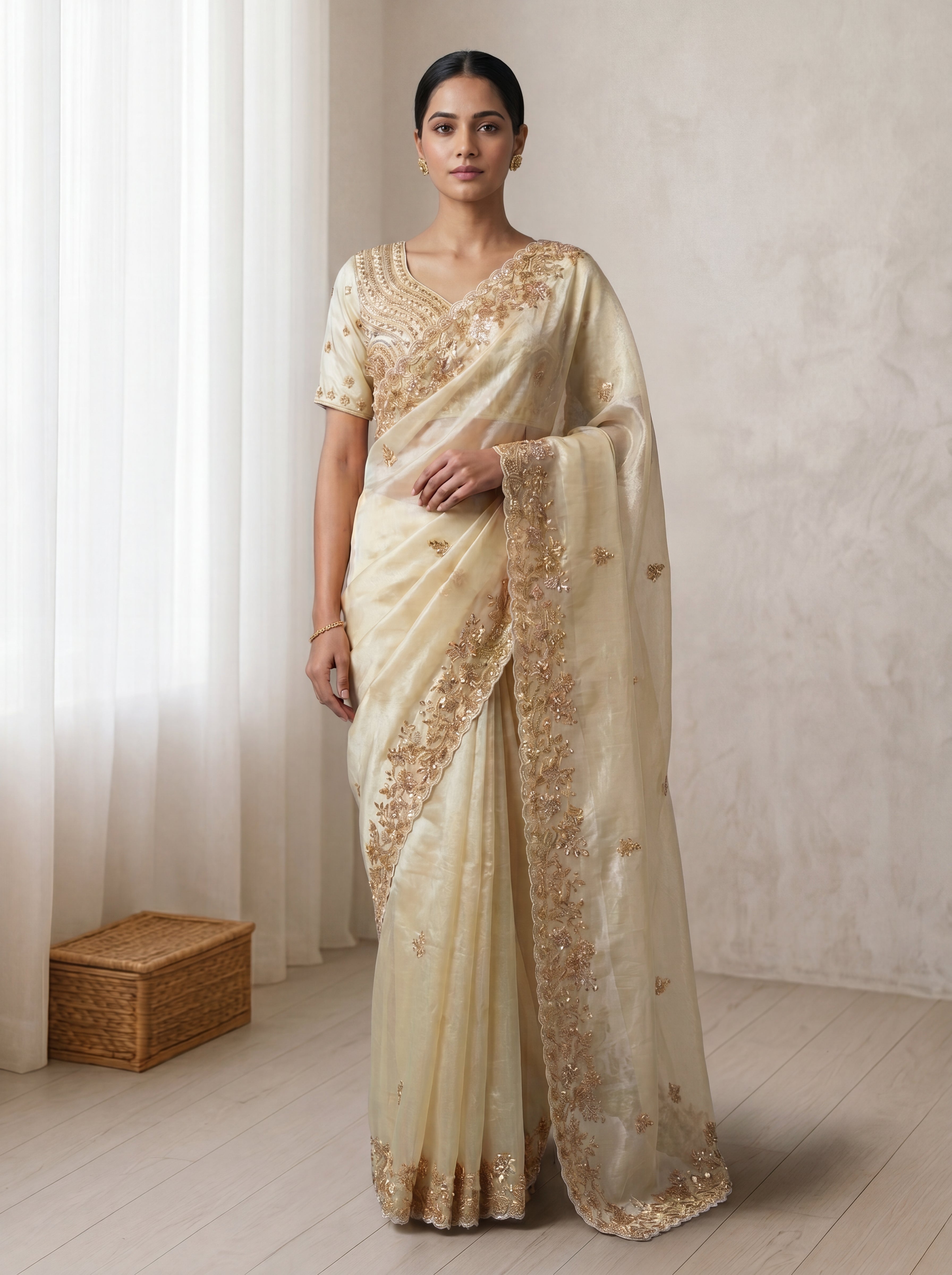 Royal Ivory Cream Fendi Saree with Intricate Sequins, Embroidery, Multi Work & Beaded Border Detailing