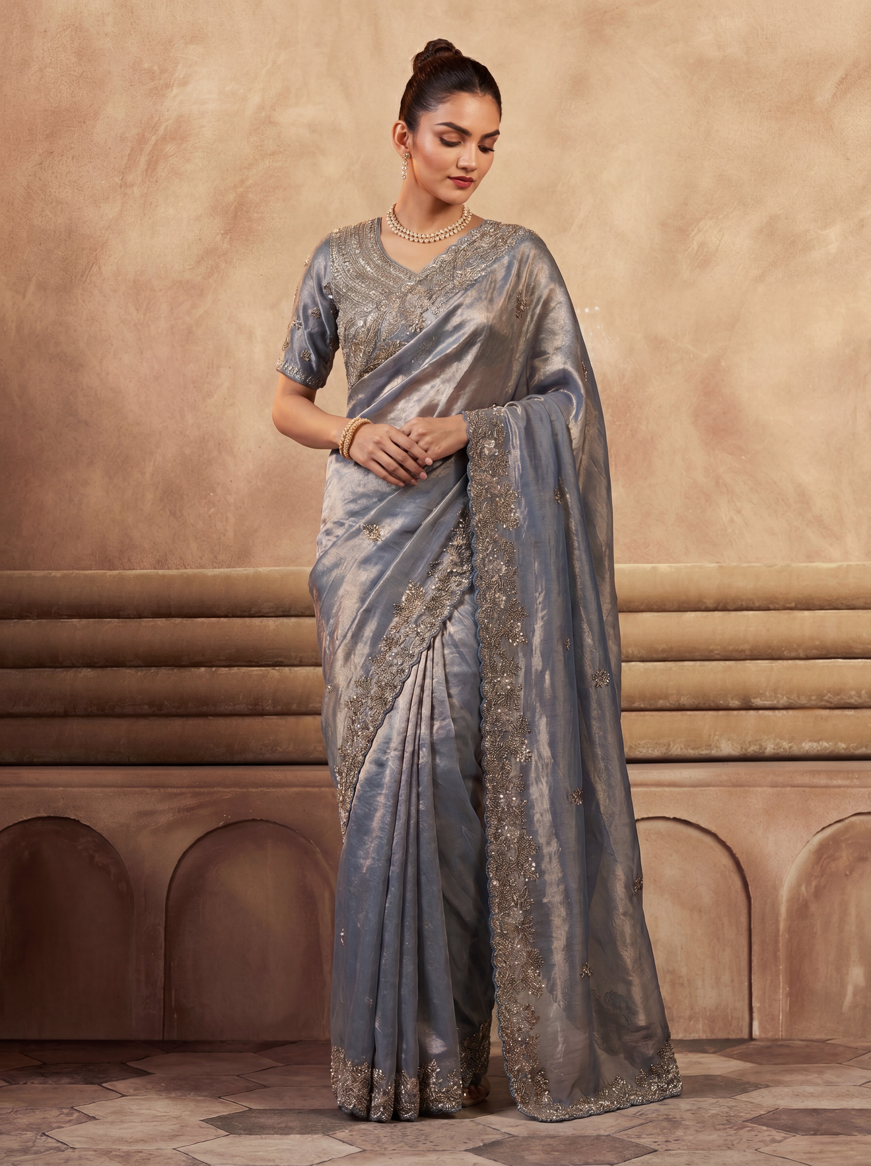 Royal Steel Blue Fendi Saree with Intricate Sequins and Beads Work