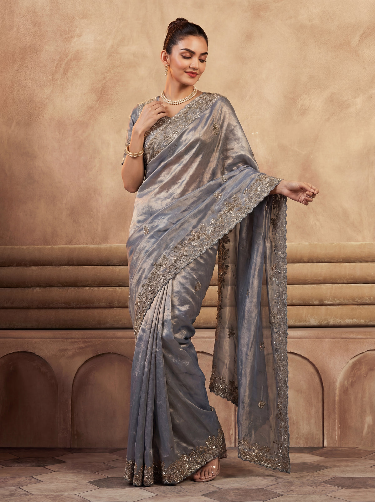 Royal Steel Blue Fendi Saree with Intricate Sequins and Beads Work