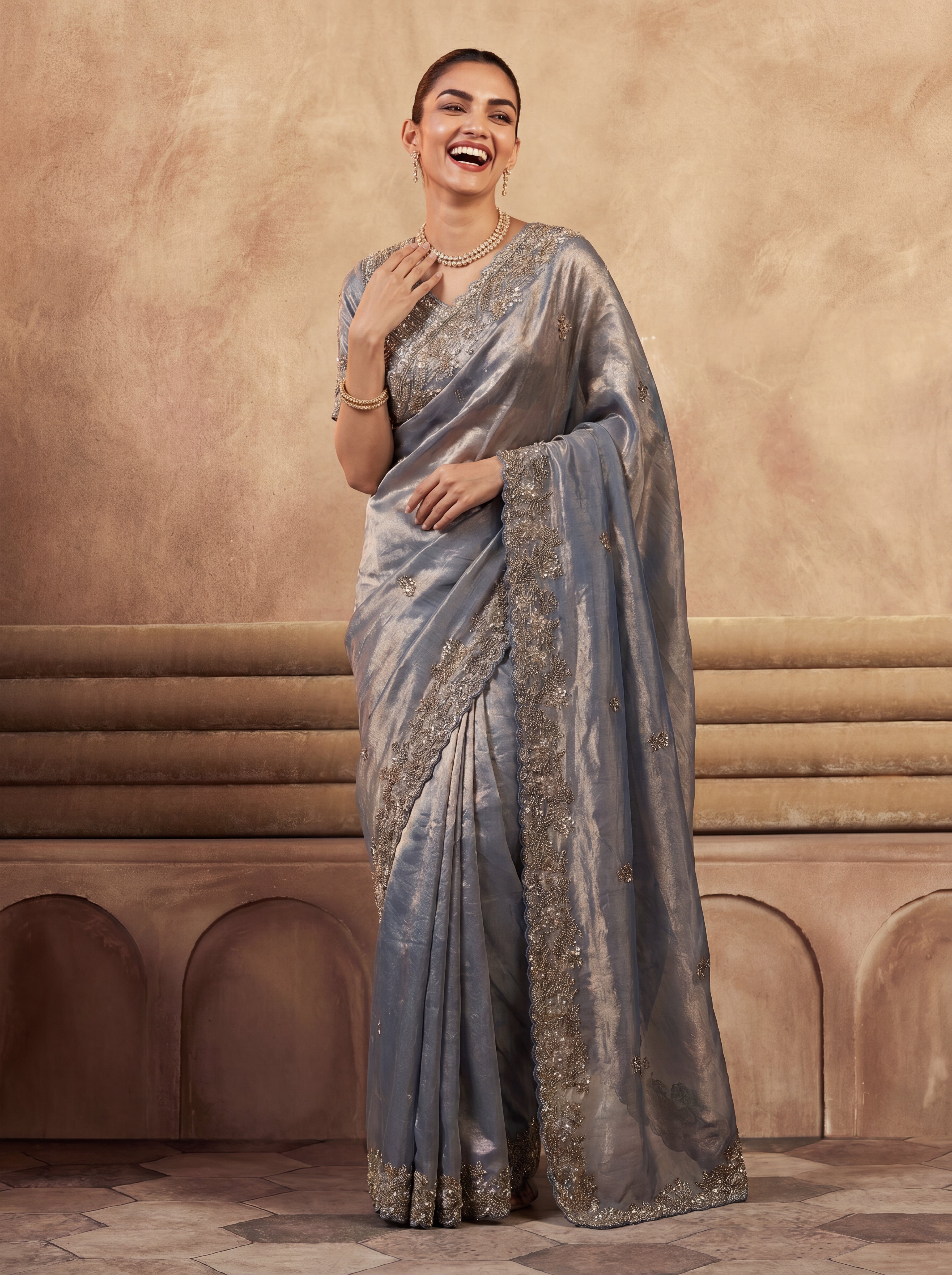 Royal Steel Blue Fendi Saree with Intricate Sequins and Beads Work