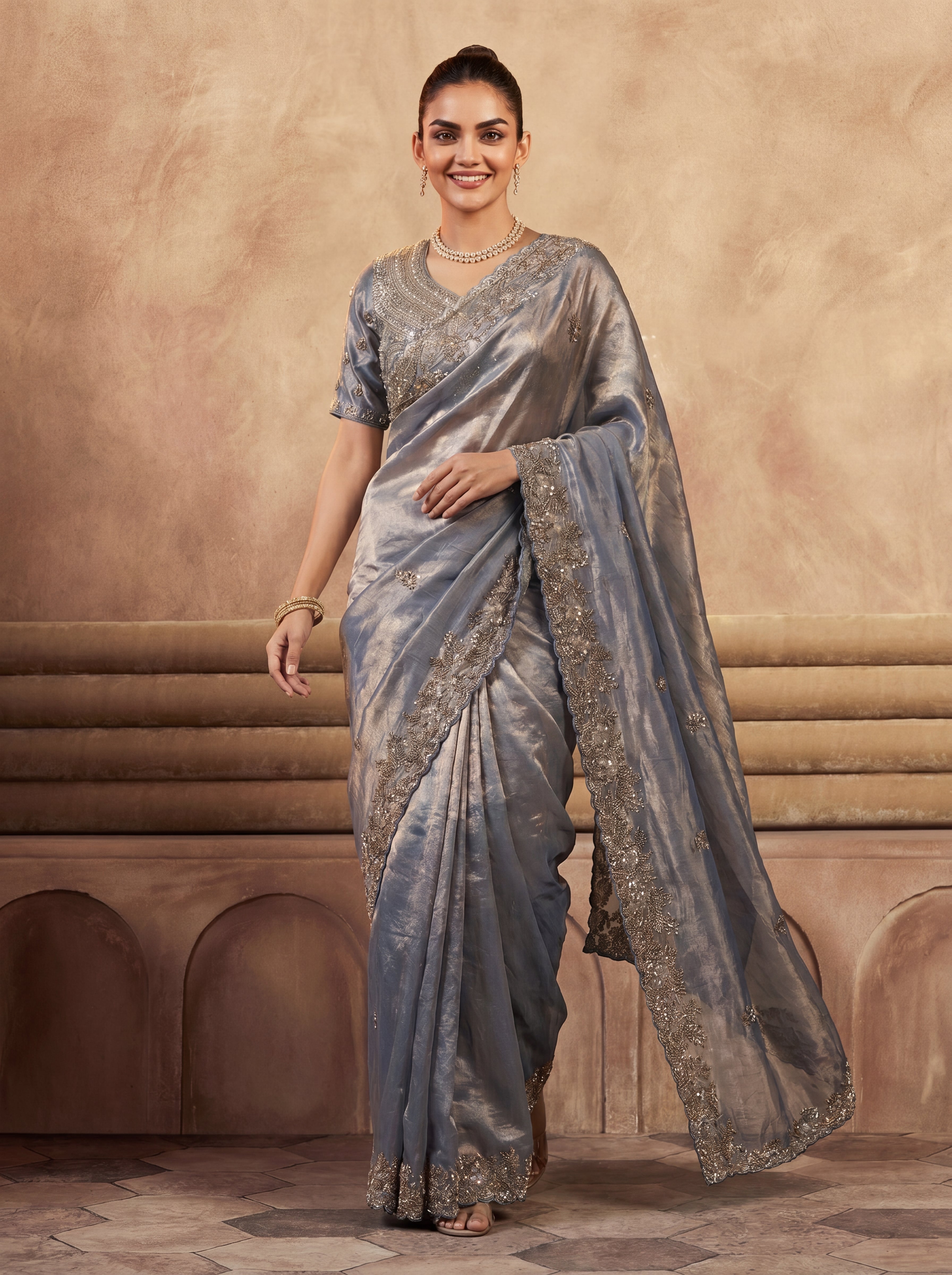 Royal Steel Blue Fendi Saree with Intricate Sequins and Beads Work
