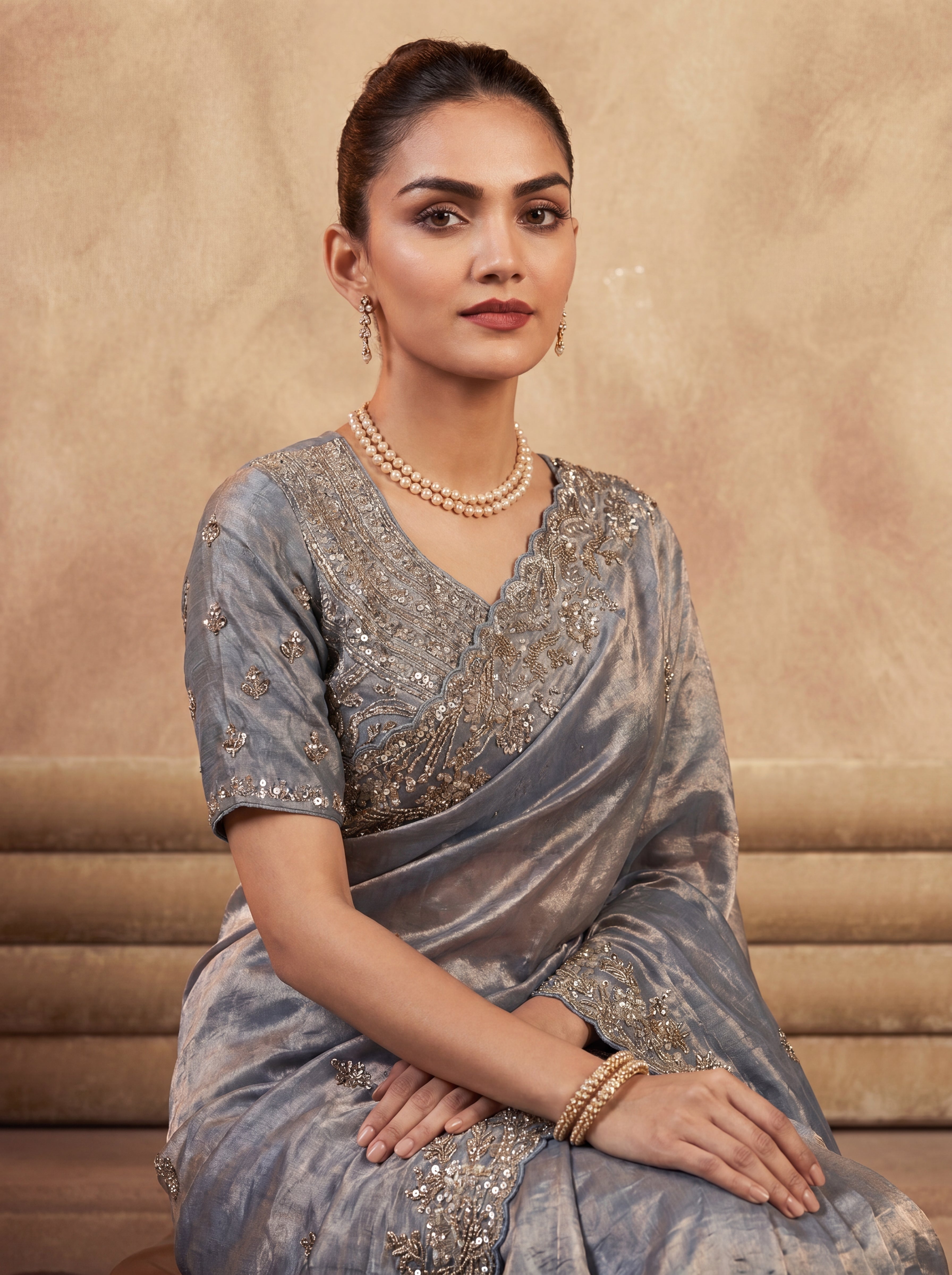 Royal Steel Blue Fendi Saree with Intricate Sequins and Beads Work