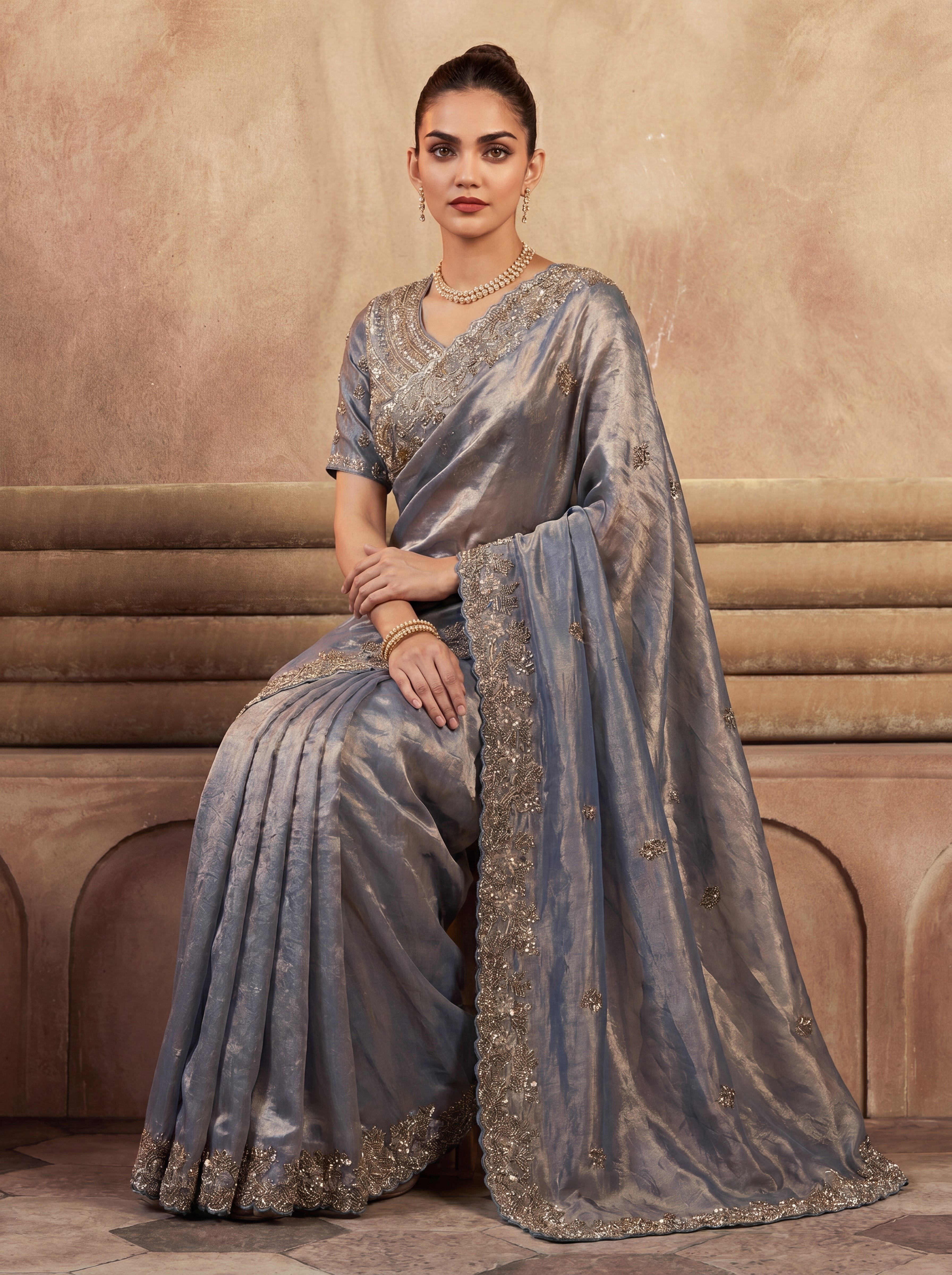 Royal Steel Blue Fendi Saree with Intricate Sequins and Beads Work