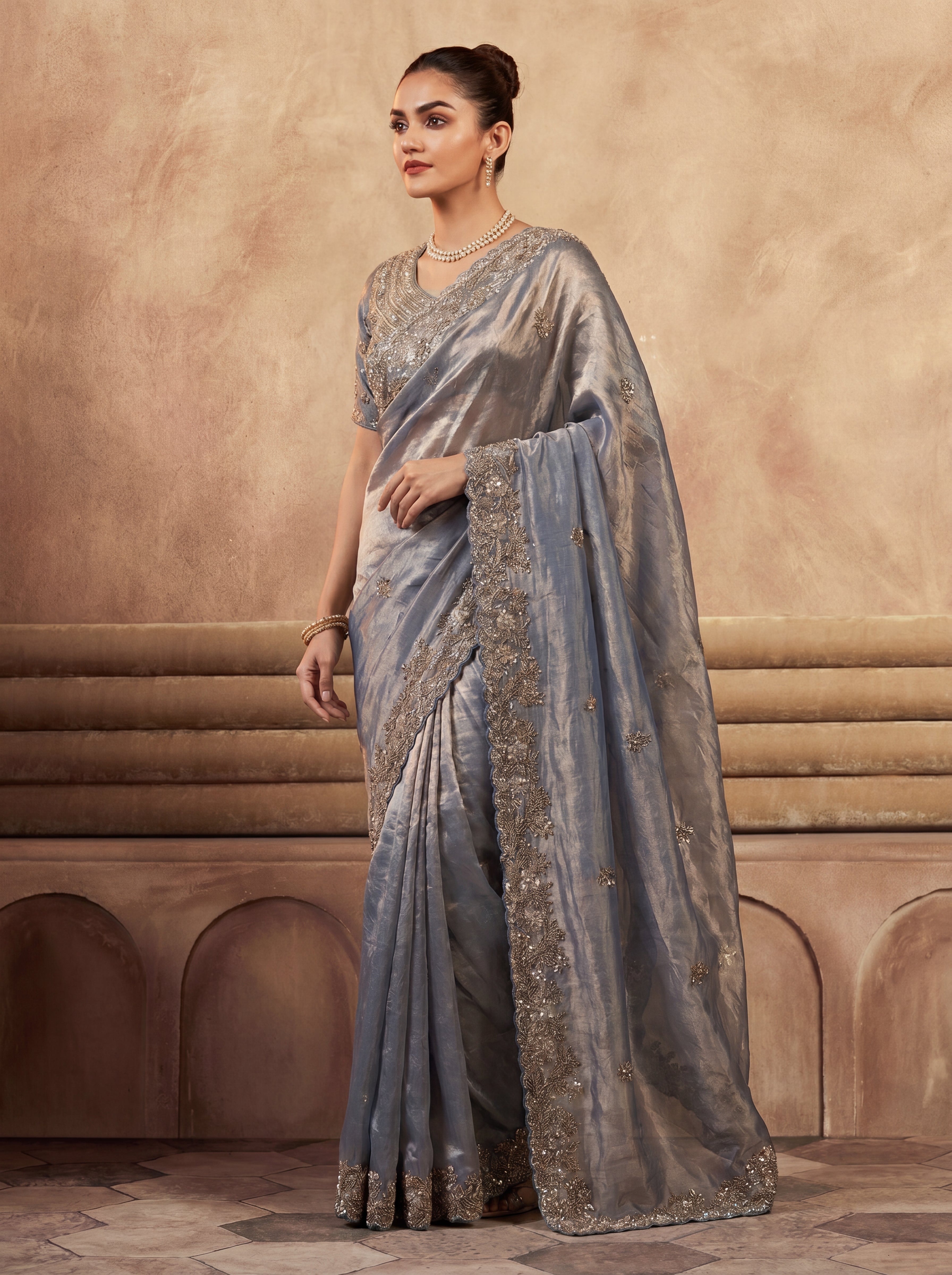 Royal Steel Blue Fendi Saree with Intricate Sequins and Beads Work