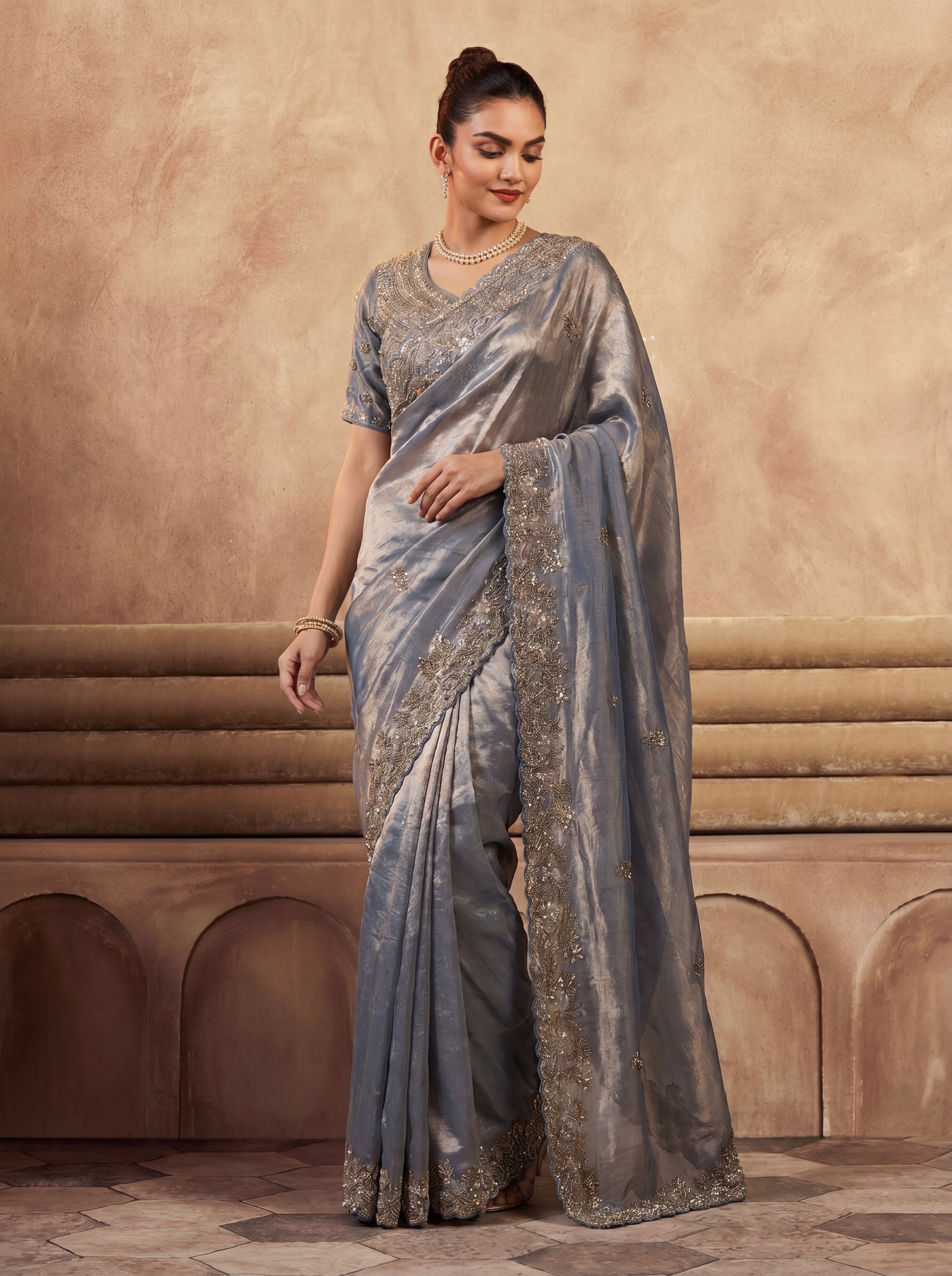 Royal Steel Blue Fendi Saree with Intricate Sequins and Beads Work