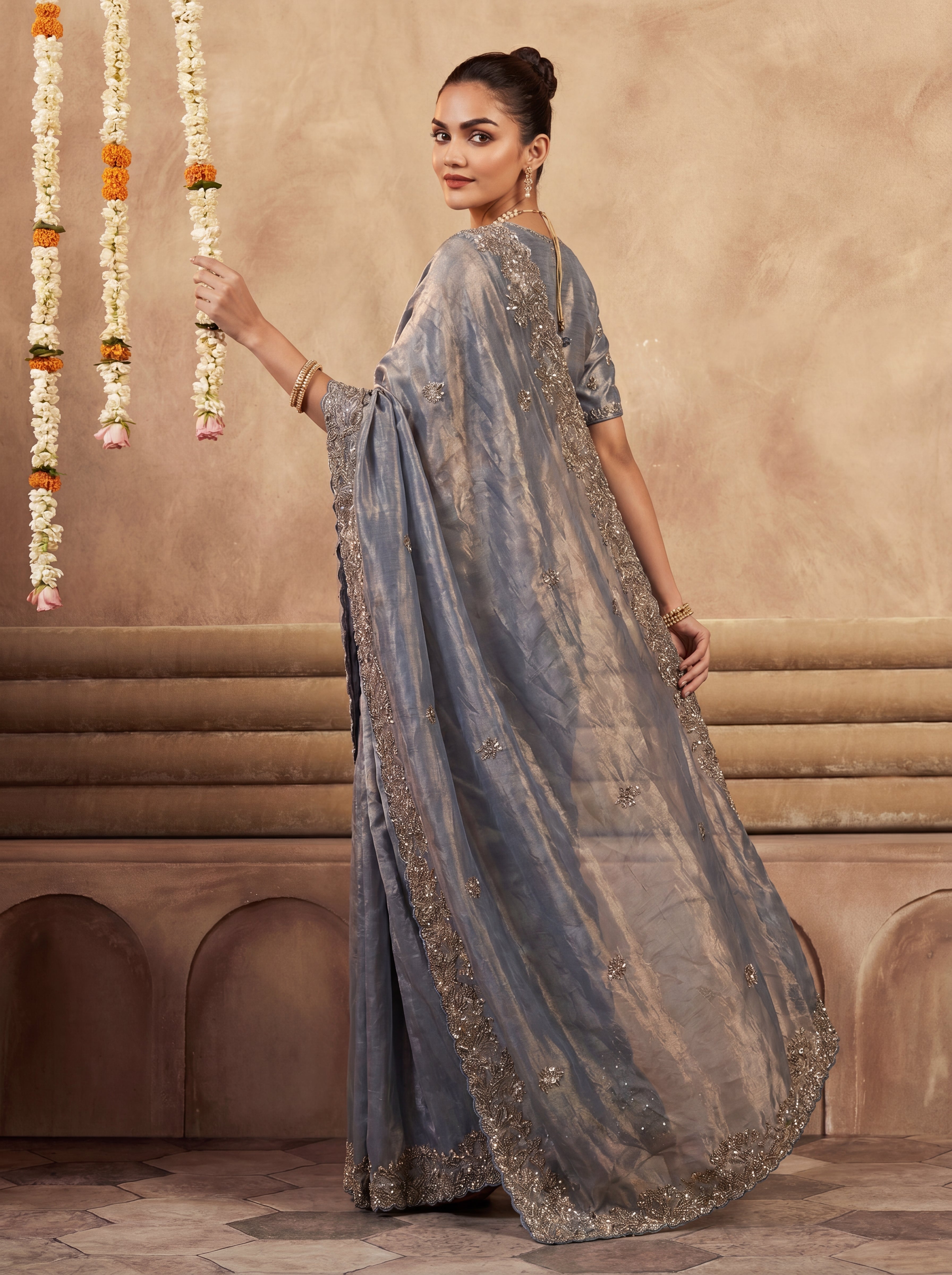 Royal Steel Blue Fendi Saree with Intricate Sequins and Beads Work