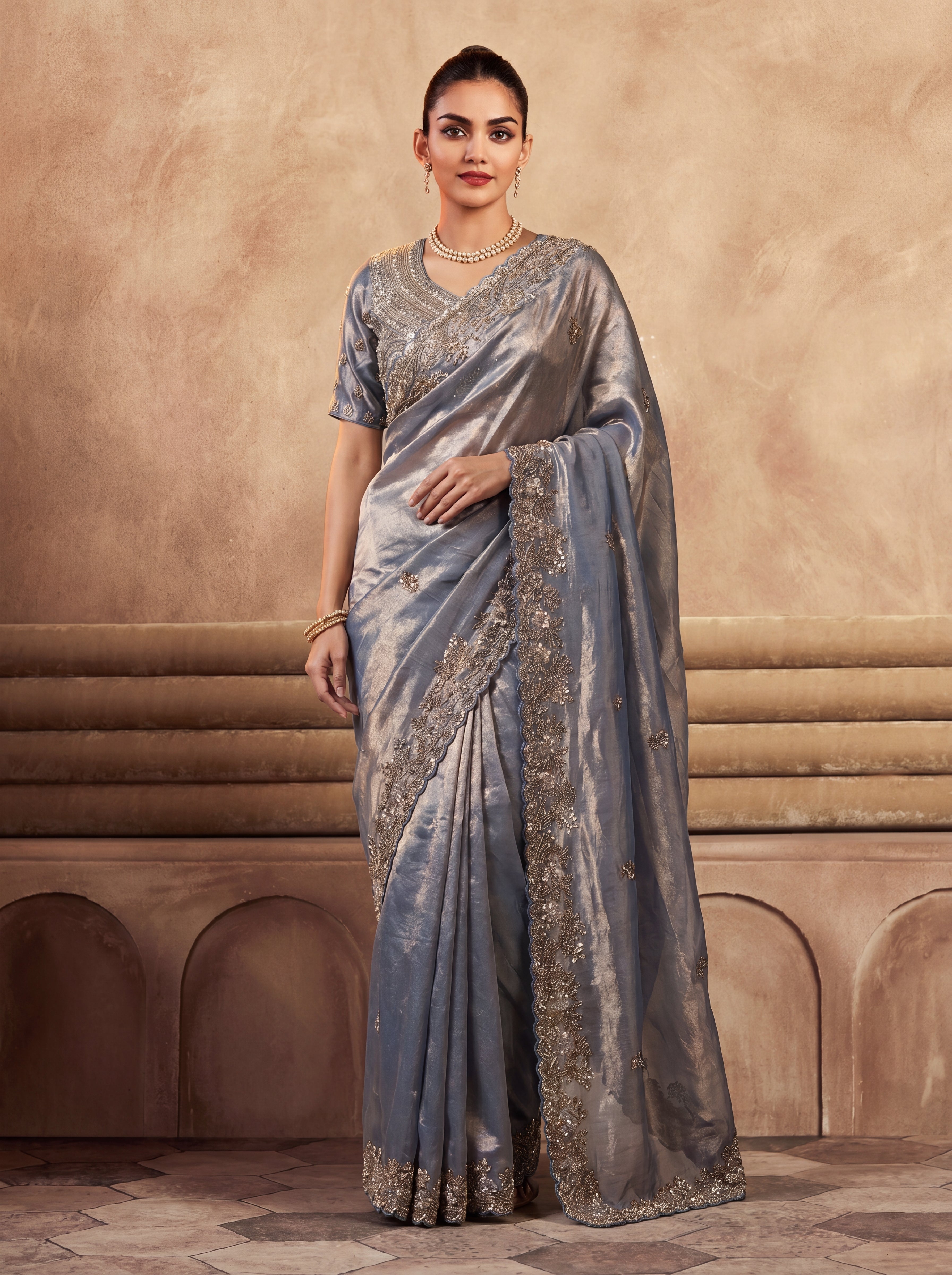 Royal Steel Blue Fendi Saree with Intricate Sequins and Beads Work