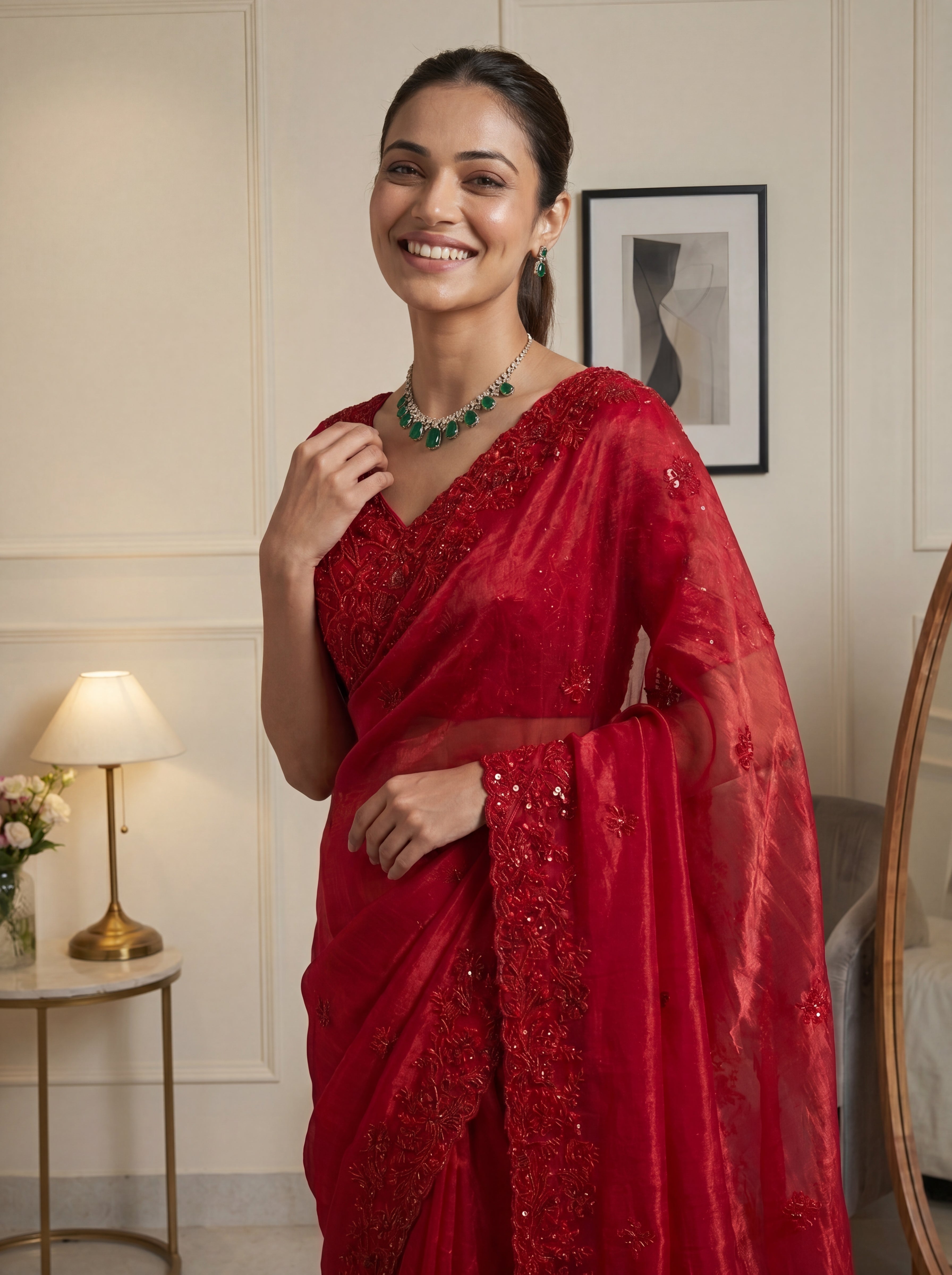 Royal Ruby Red Fendi Saree with Intricate Sequins and Beads Work
