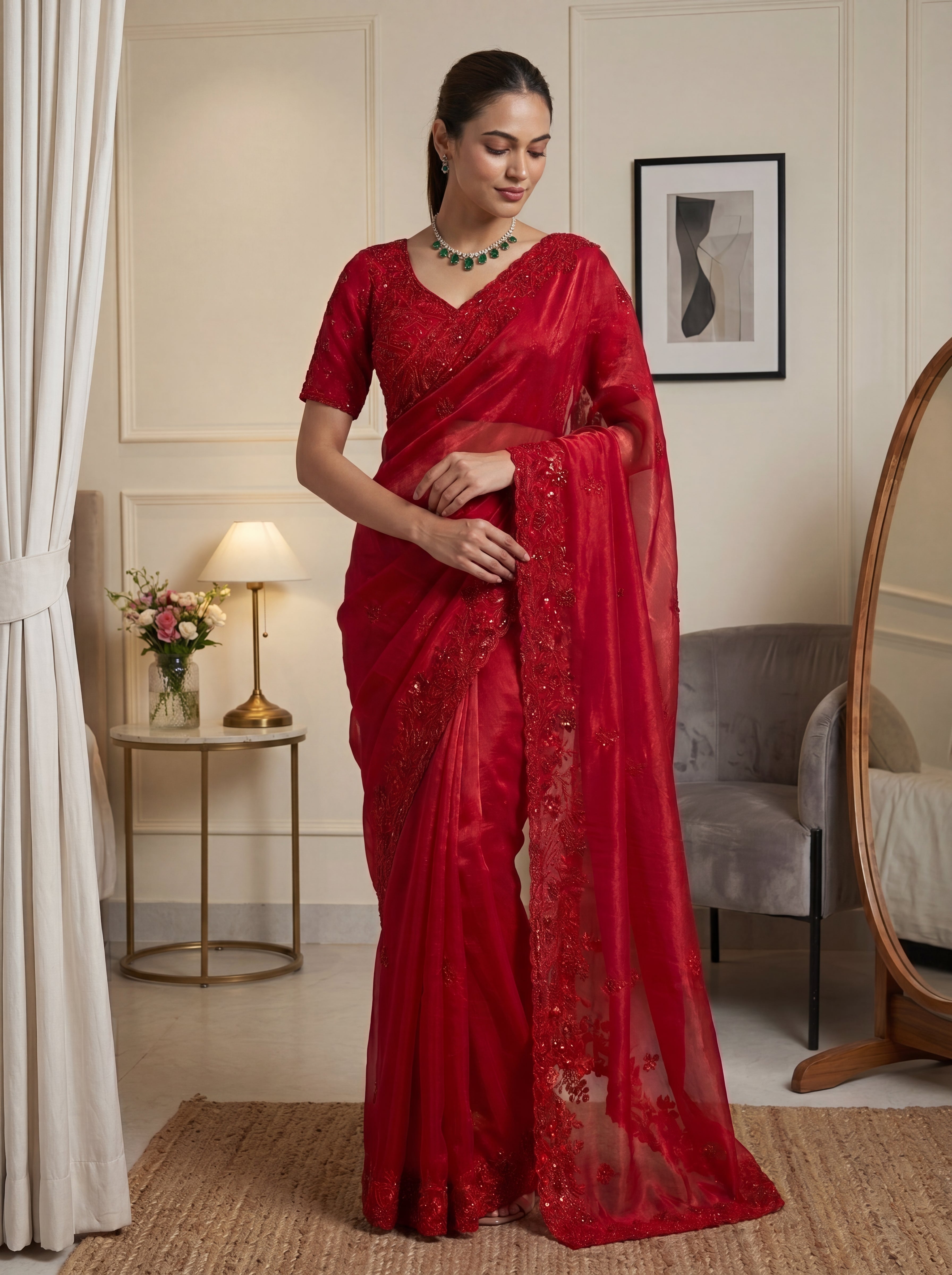 Royal Ruby Red Fendi Saree with Intricate Sequins and Beads Work