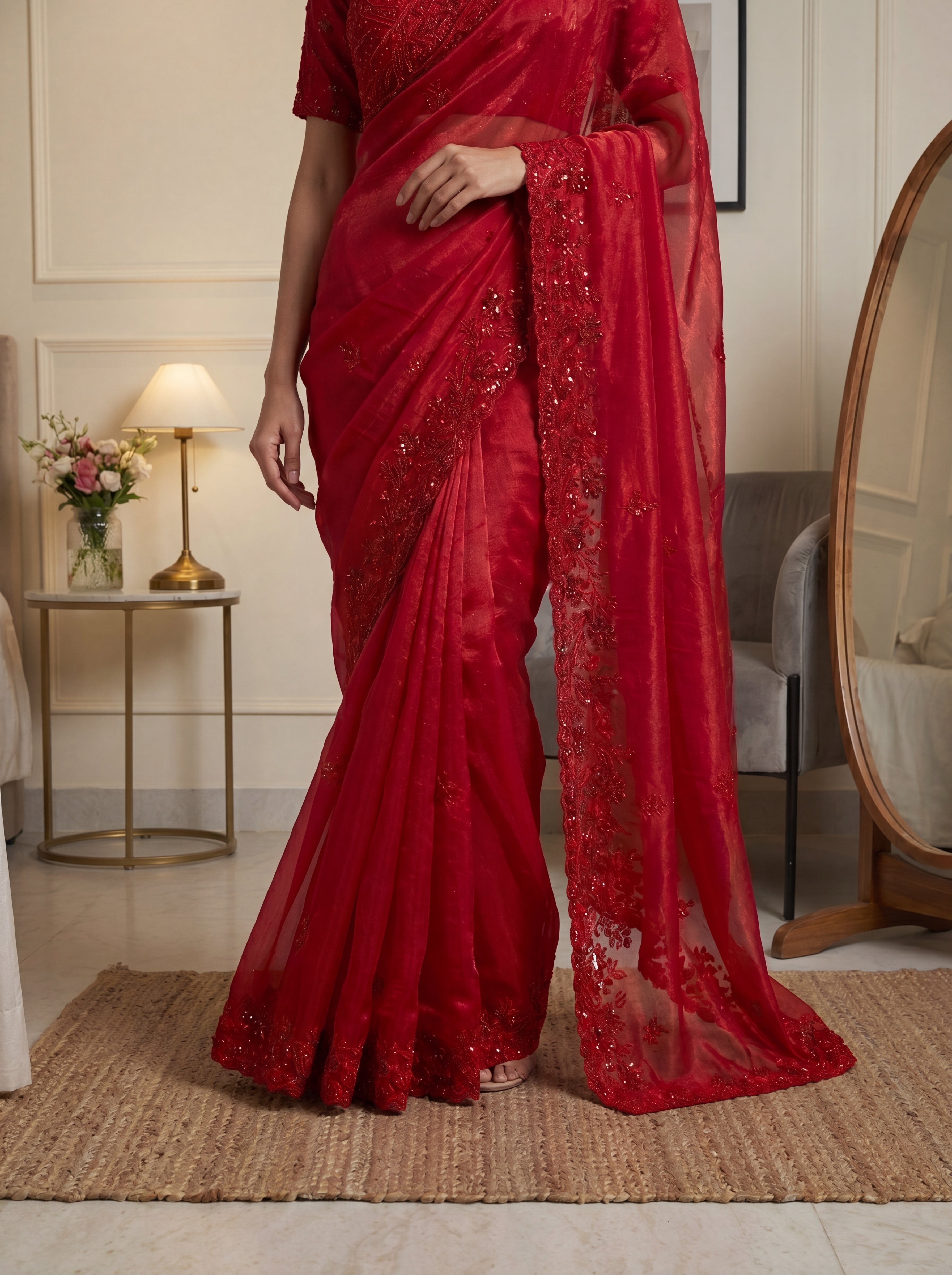Royal Ruby Red Fendi Saree with Intricate Sequins and Beads Work