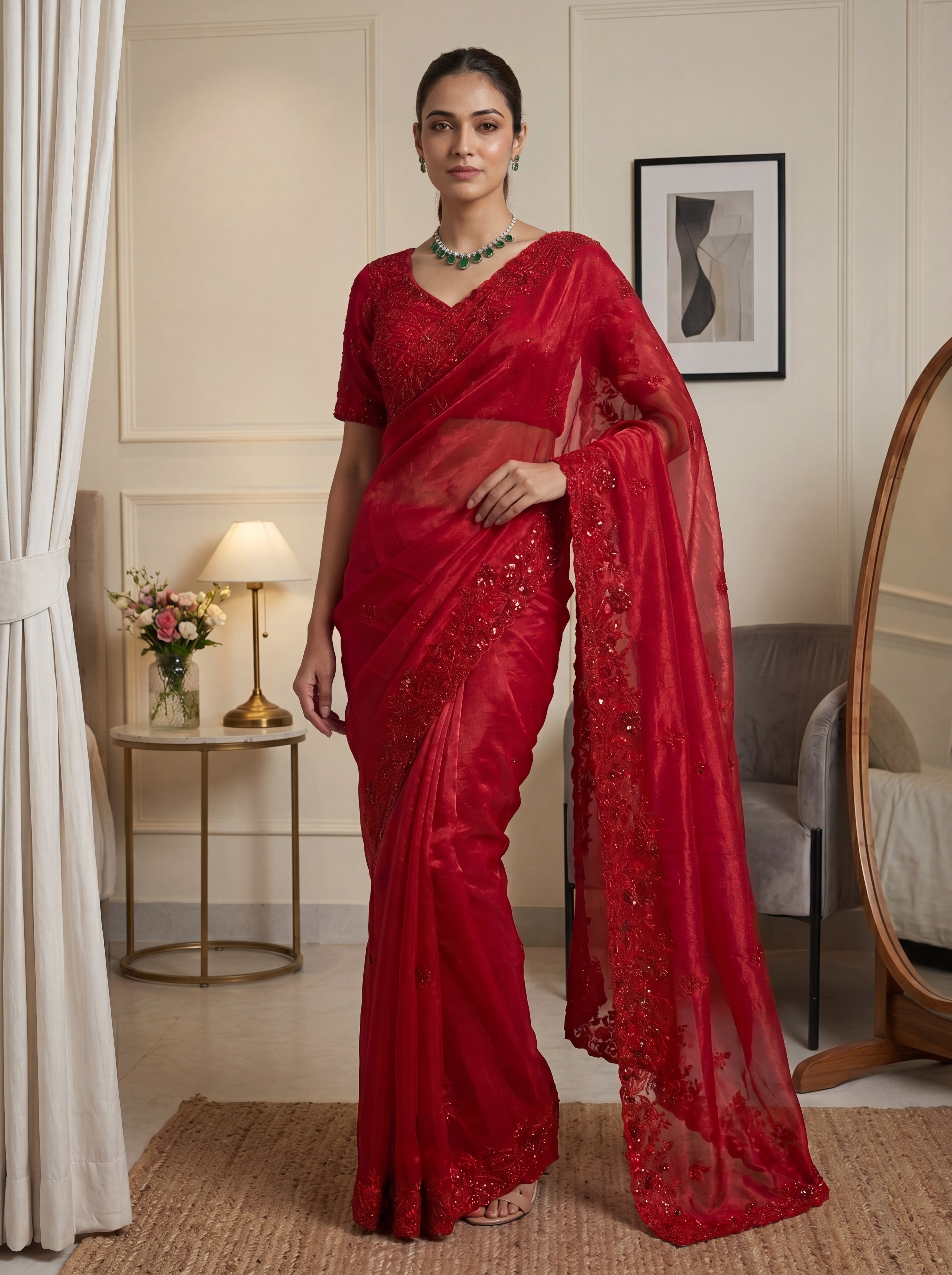 Royal Ruby Red Fendi Saree with Intricate Sequins and Beads Work