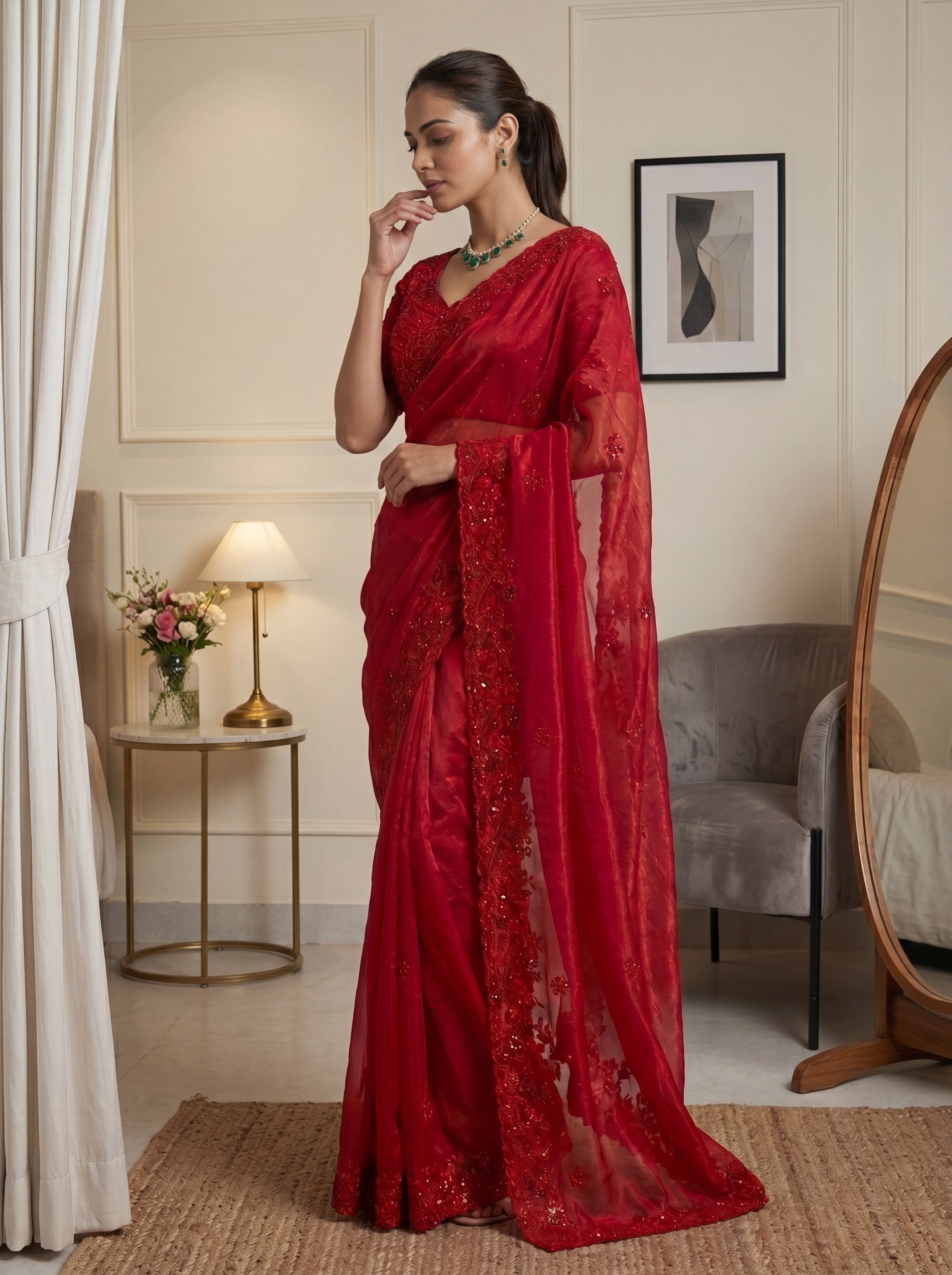 Royal Ruby Red Fendi Saree with Intricate Sequins and Beads Work
