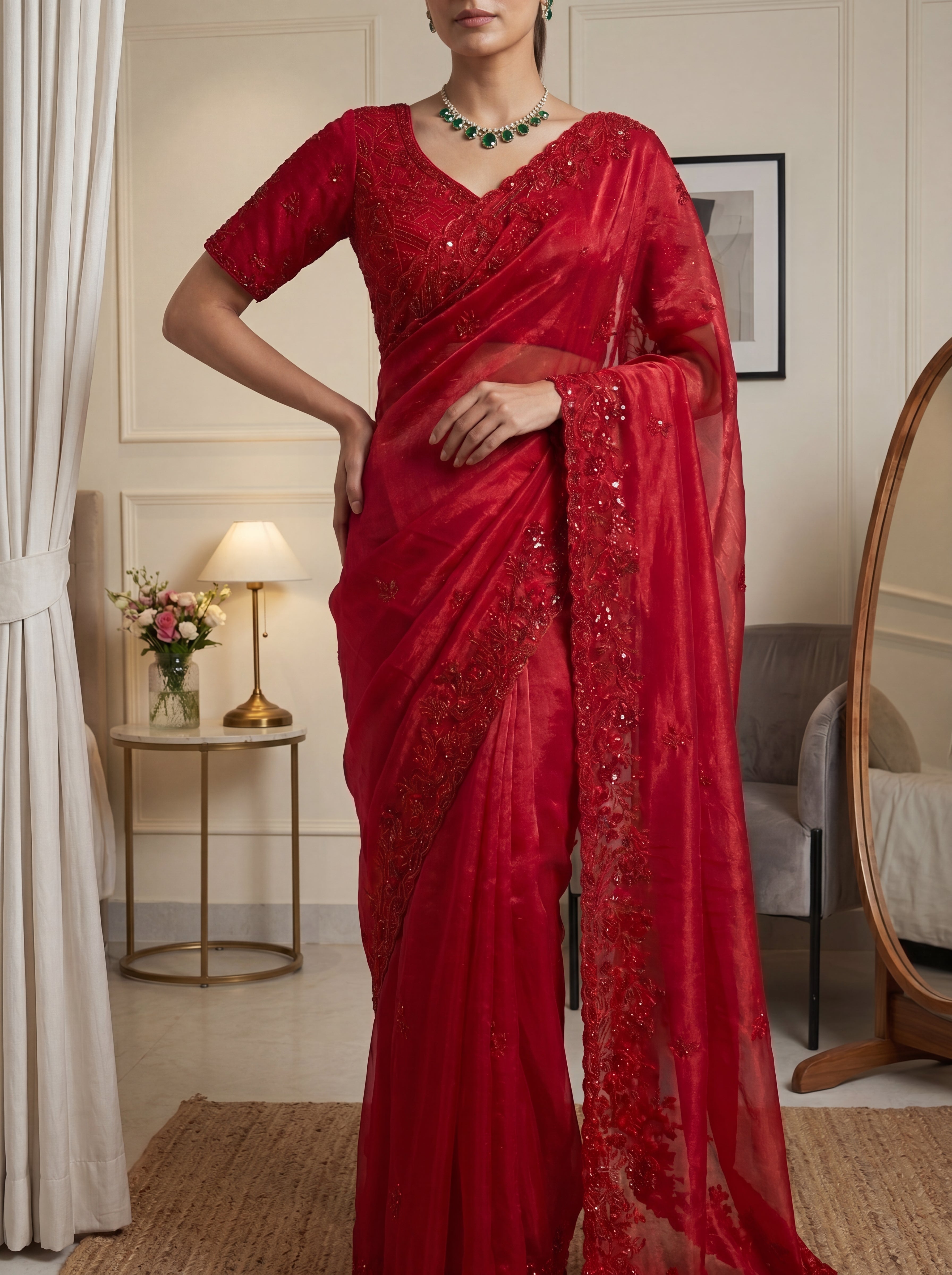 Royal Ruby Red Fendi Saree with Intricate Sequins and Beads Work