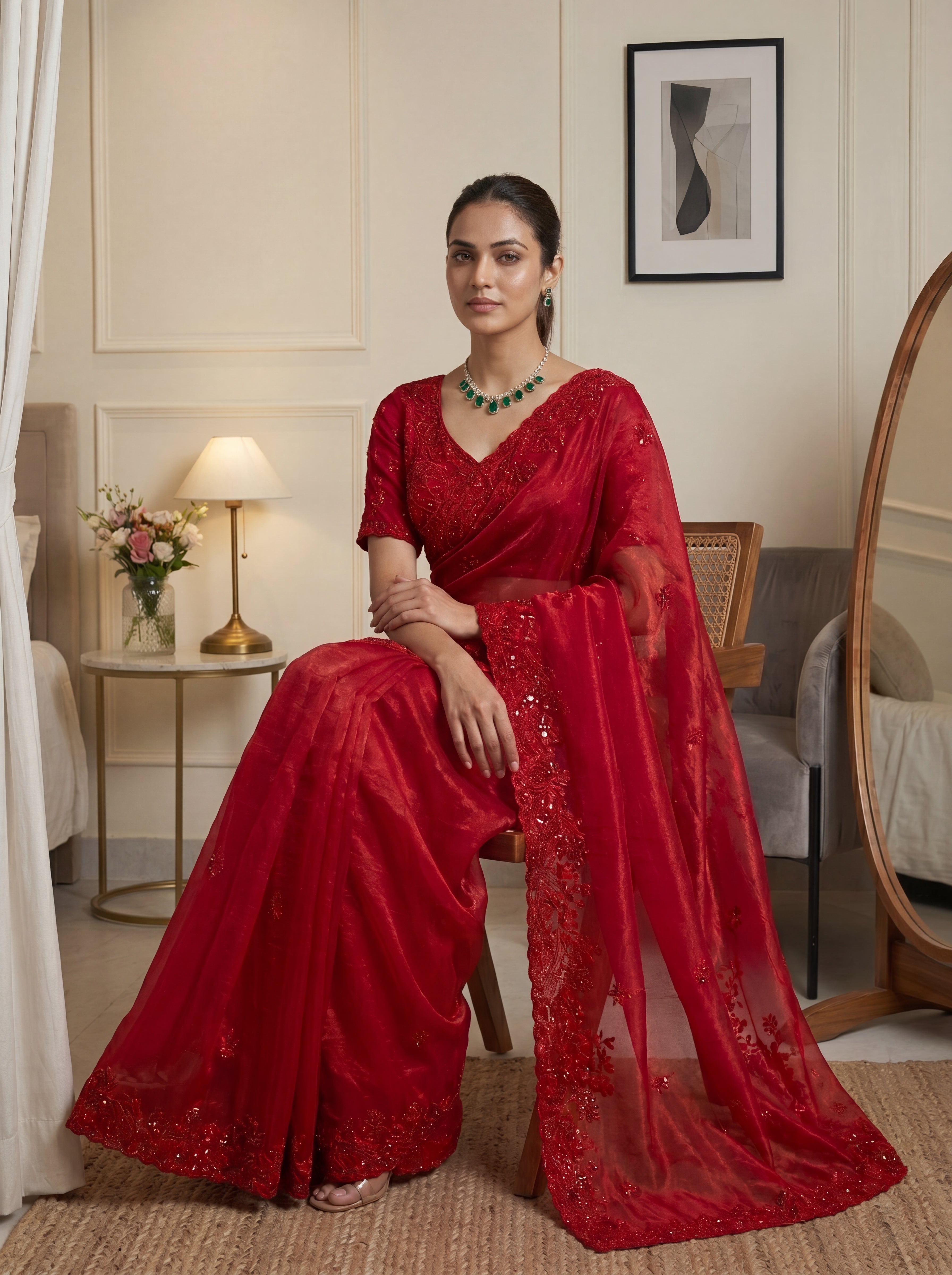 Royal Ruby Red Fendi Saree with Intricate Sequins and Beads Work