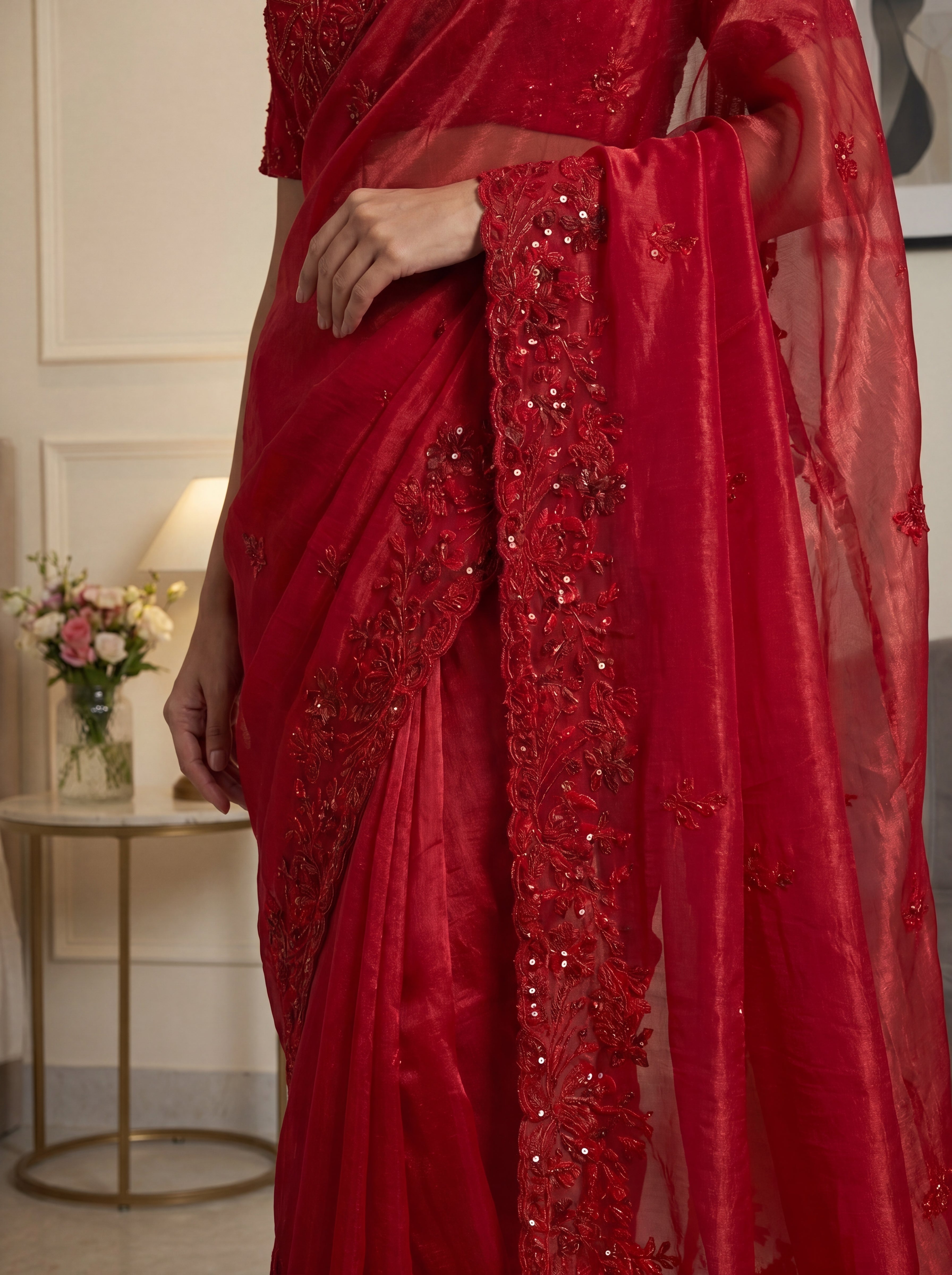 Royal Ruby Red Fendi Saree with Intricate Sequins and Beads Work