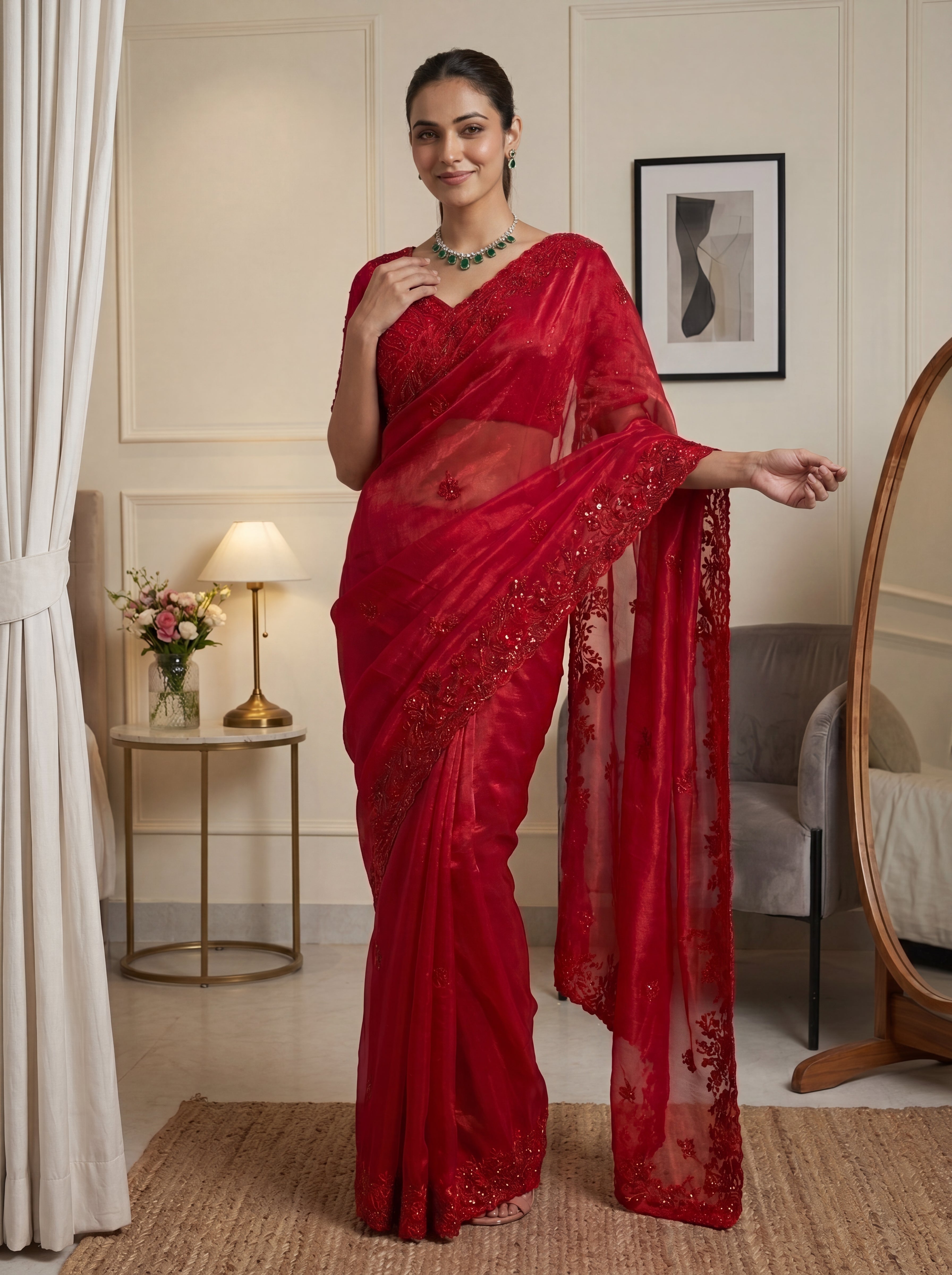 Royal Ruby Red Fendi Saree with Intricate Sequins and Beads Work