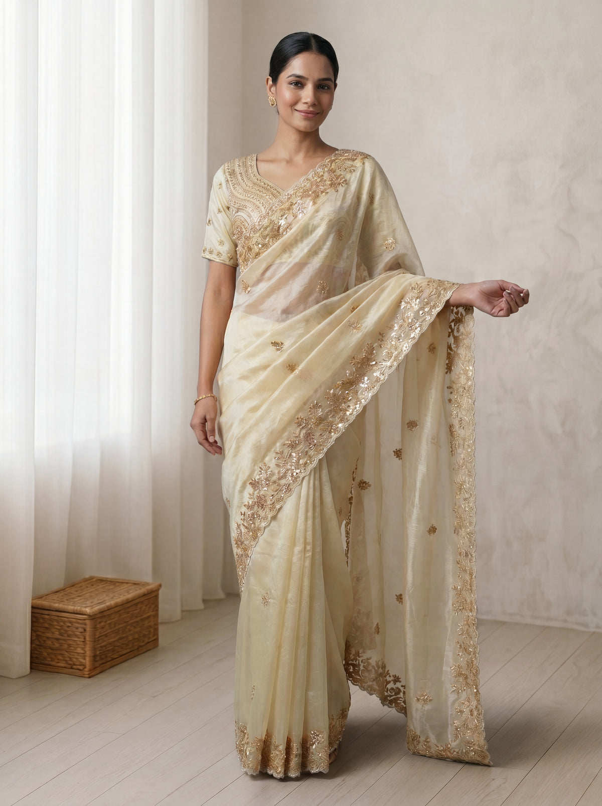 Royal Ivory Cream Fendi Saree with Intricate Sequins, Embroidery, Multi Work & Beaded Border Detailing