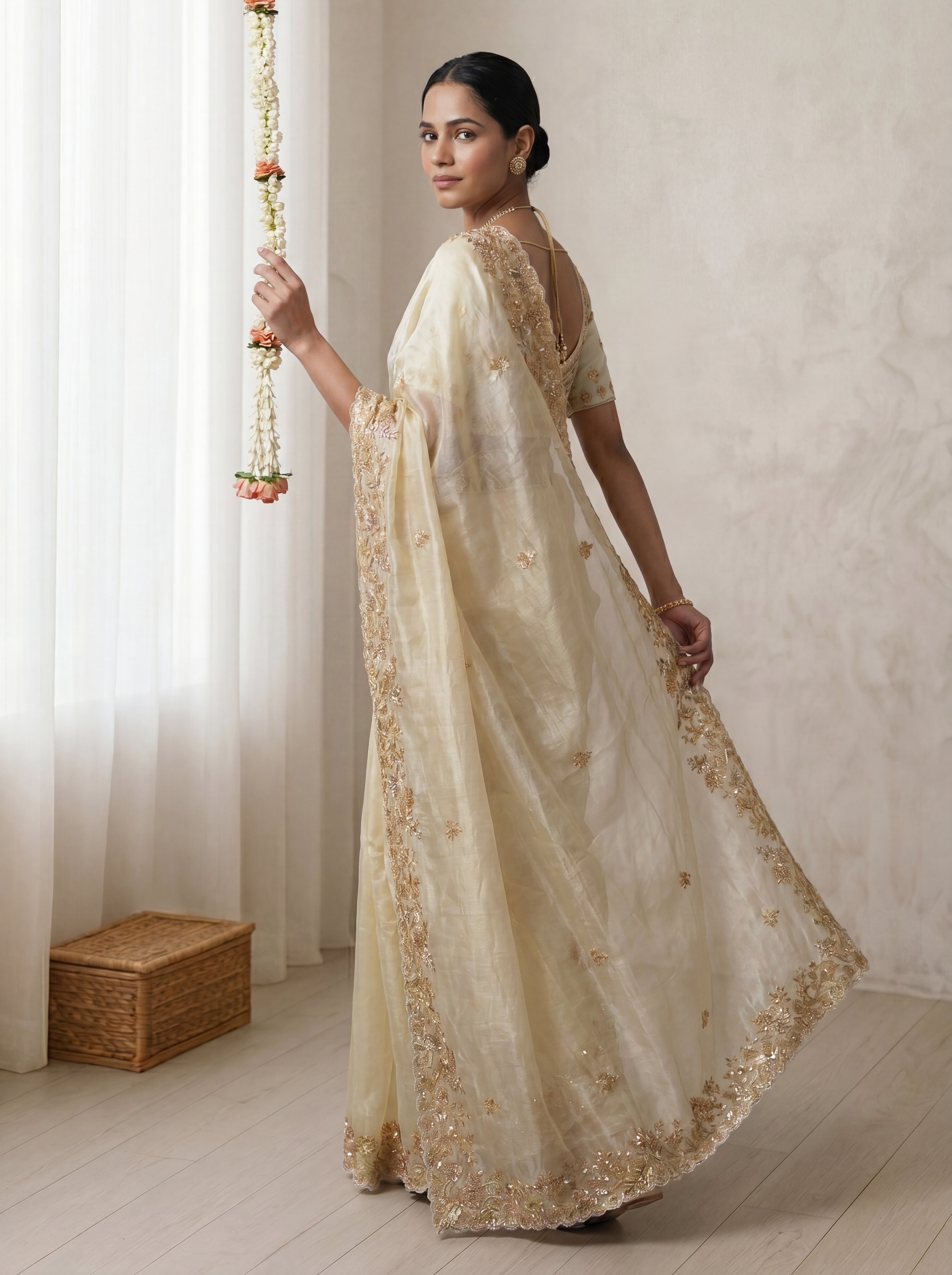 Royal Ivory Cream Fendi Saree with Intricate Sequins, Embroidery, Multi Work & Beaded Border Detailing