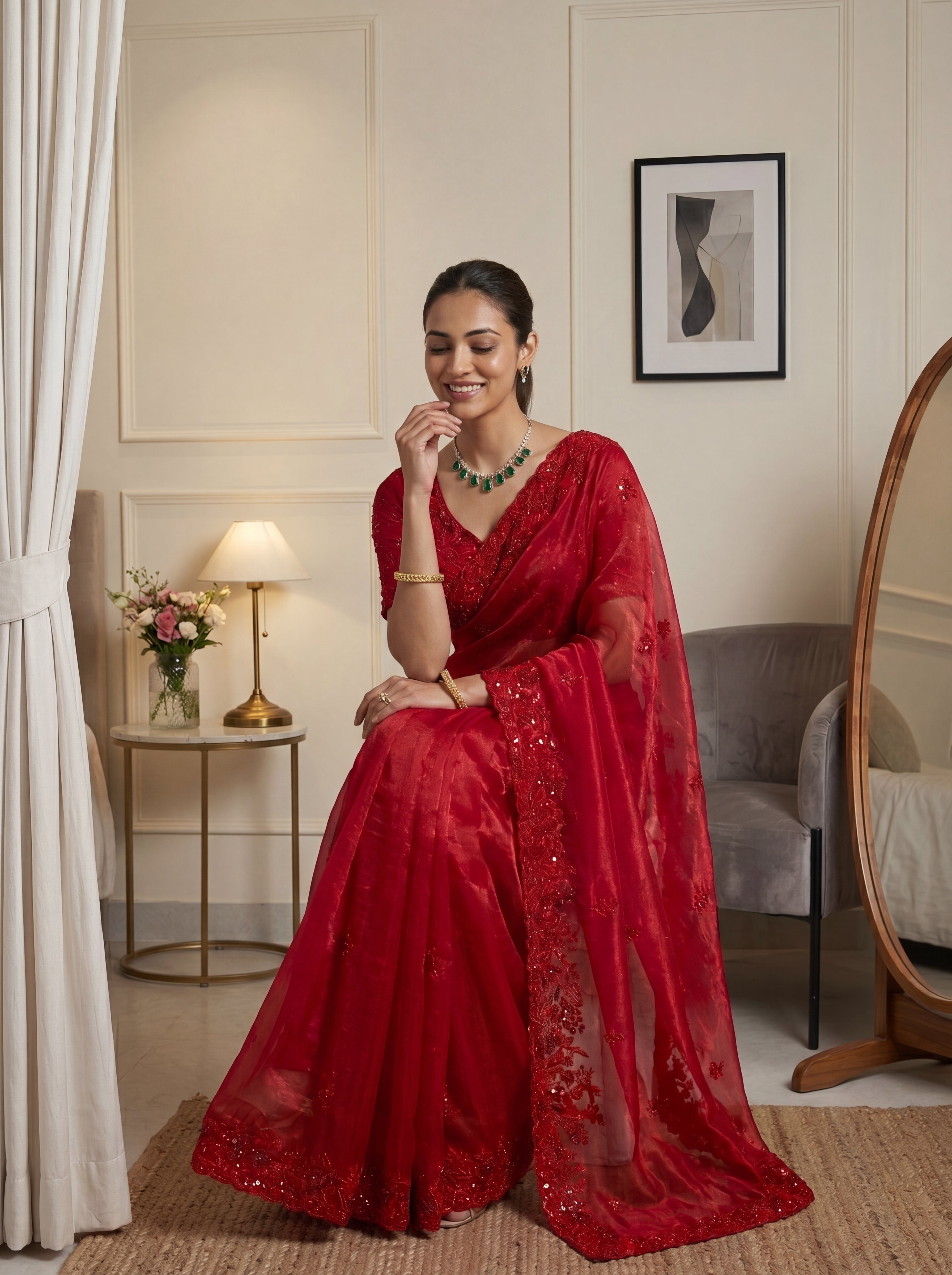 Royal Ruby Red Fendi Saree with Intricate Sequins and Beads Work