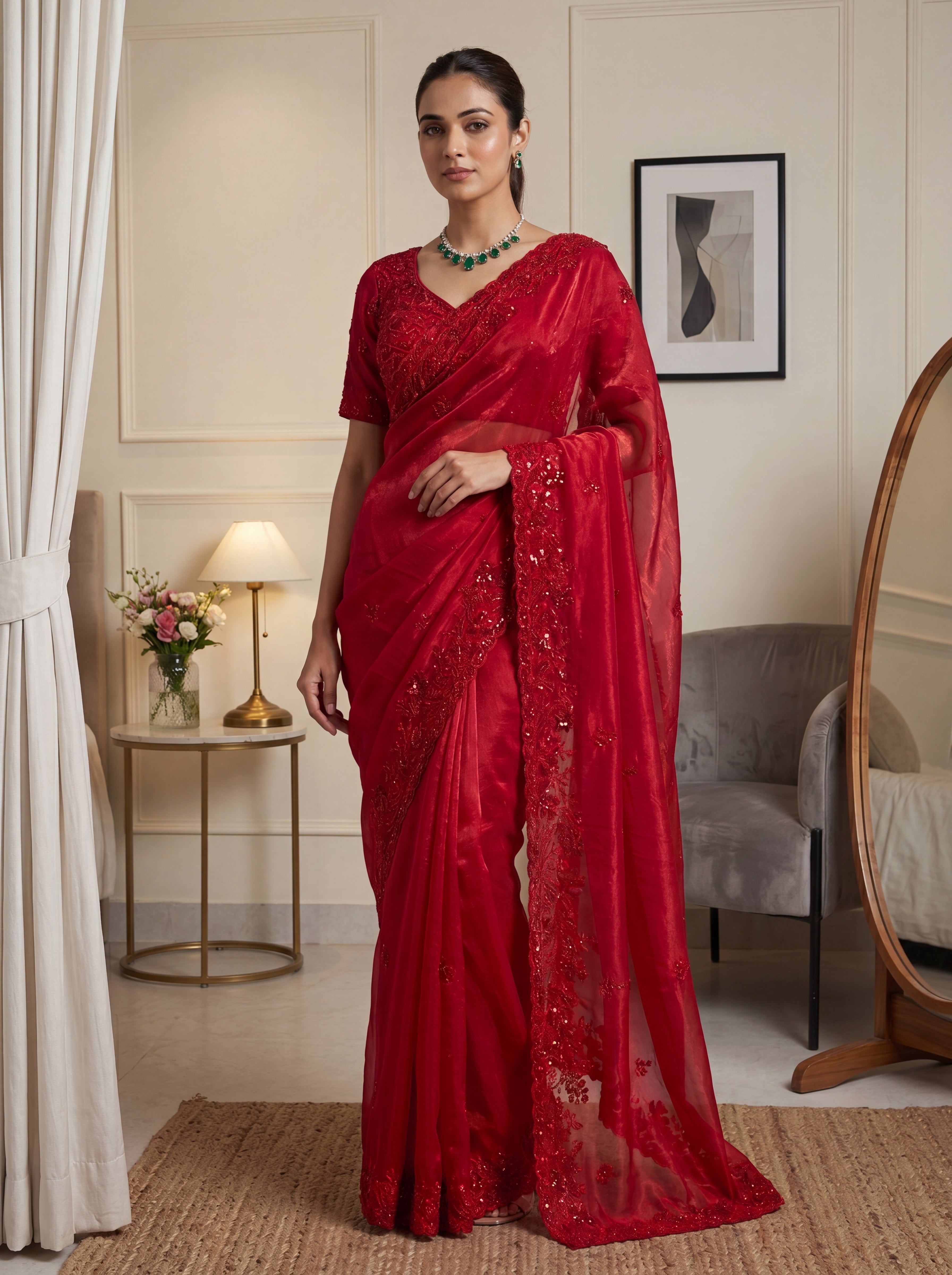 Royal Ruby Red Fendi Saree with Intricate Sequins and Beads Work