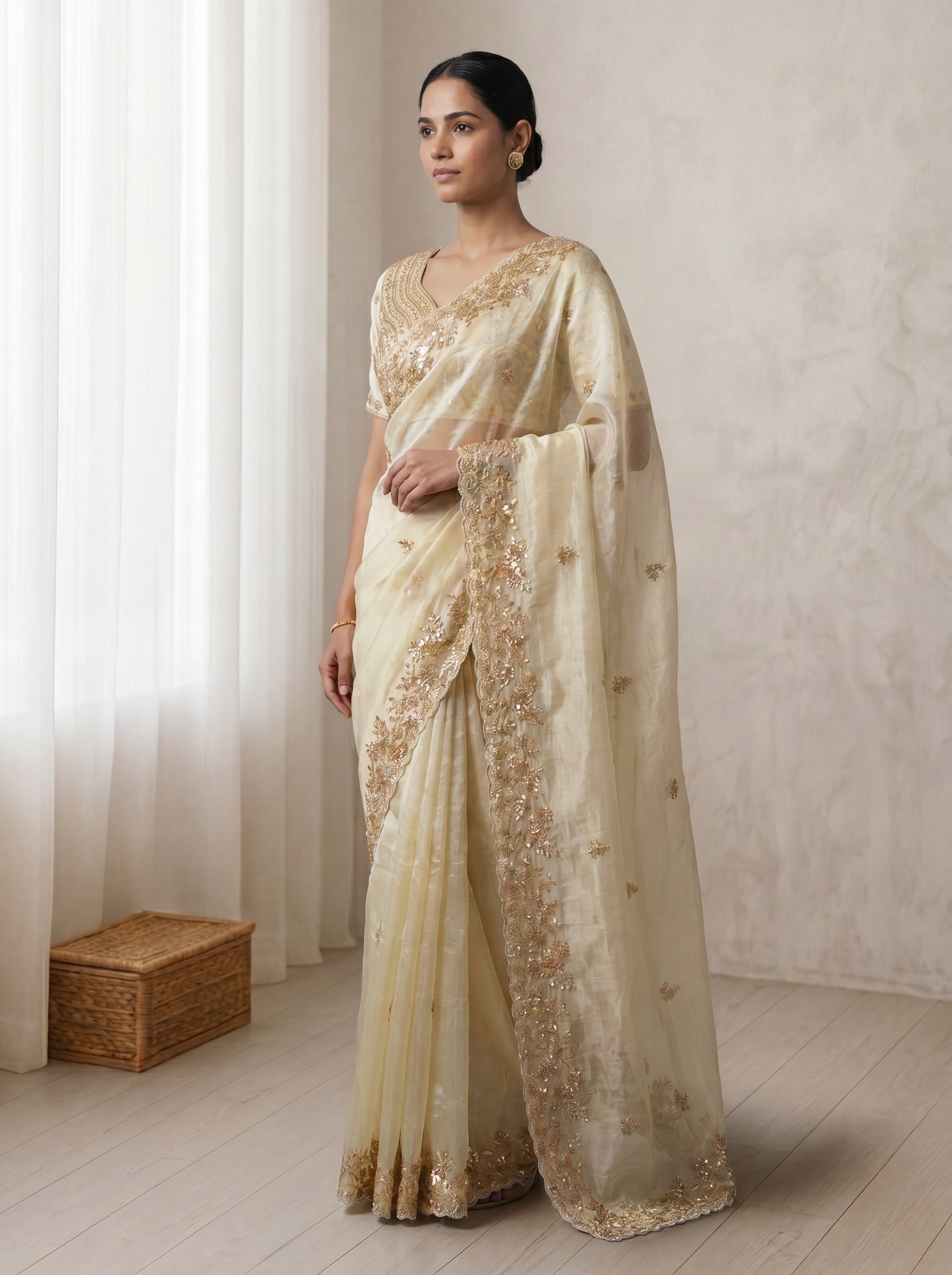 Royal Ivory Cream Fendi Saree with Intricate Sequins, Embroidery, Multi Work & Beaded Border Detailing